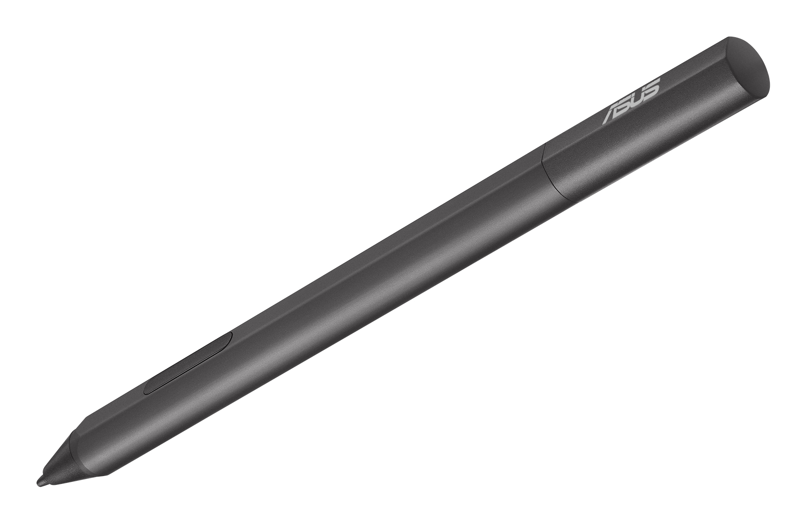 A dark grey ASUS stylus pen angled on a white background.