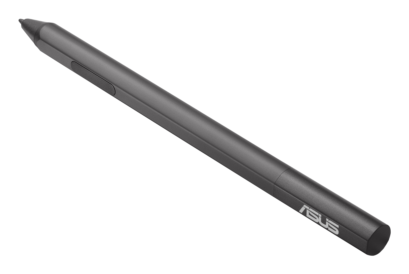 A dark ASUS stylus with a button on a white background.