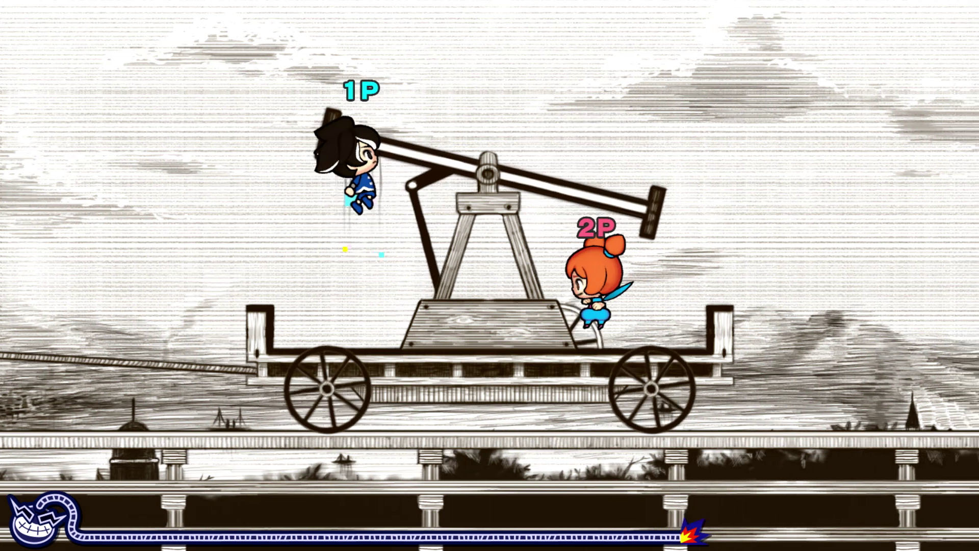 Zwei Charaktere auf einer Wippe auf einem Wagen. Schwarz-weißer Stil.