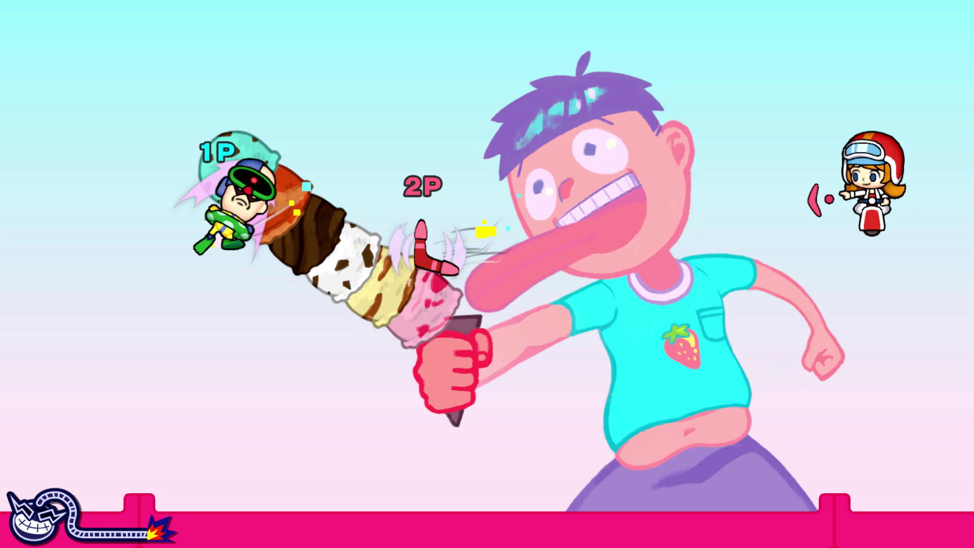 Cartoon eines Jungen mit einer riesigen Eiswaffel, Spieler 1P und 2P und ein Mädchen auf einem Roller.