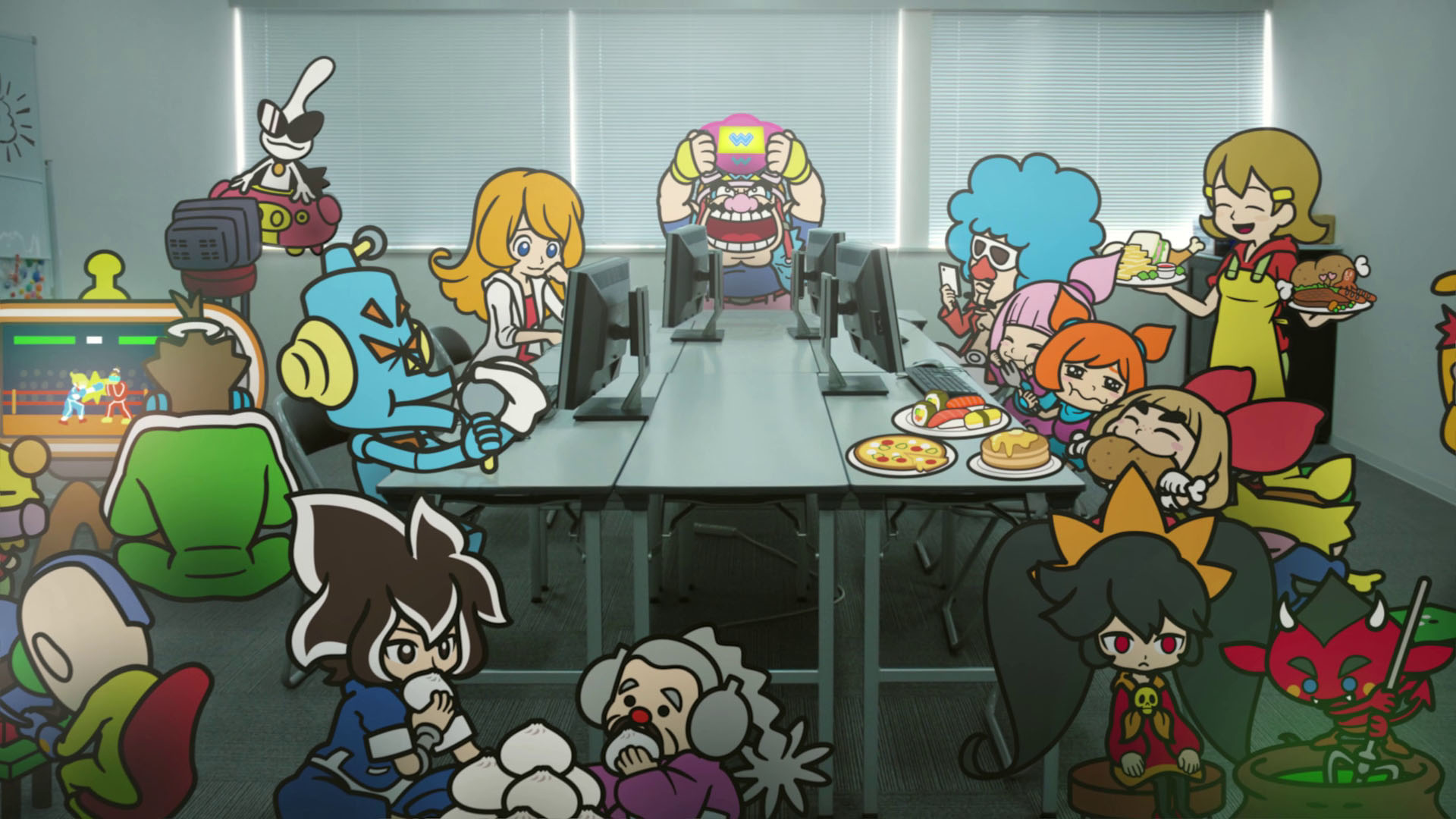 Eine Gruppe von Cartoon-Figuren sitzt um einen Konferenztisch mit Essen und Computern.