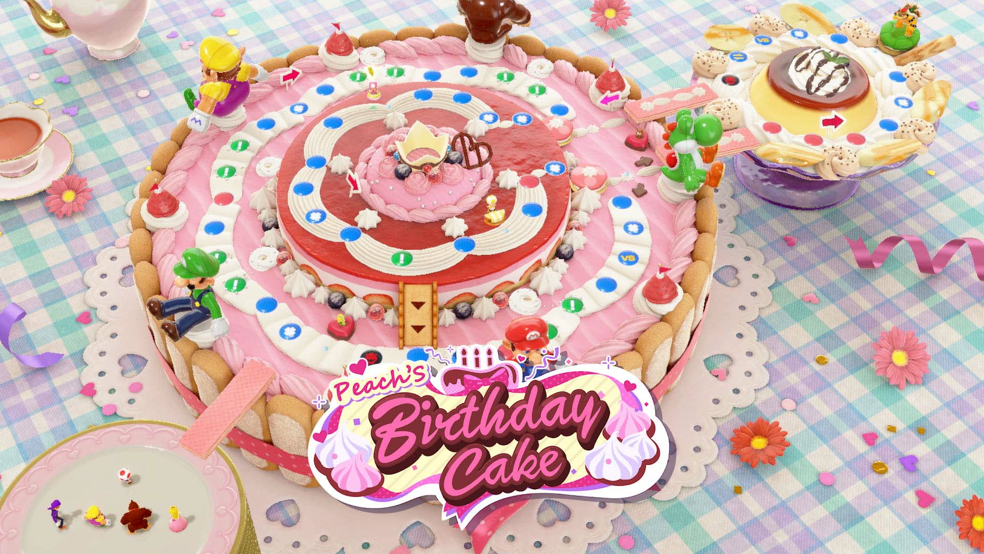 Una torta di compleanno a forma di gioco con personaggi Mario. Decorata con glassa e frutta.