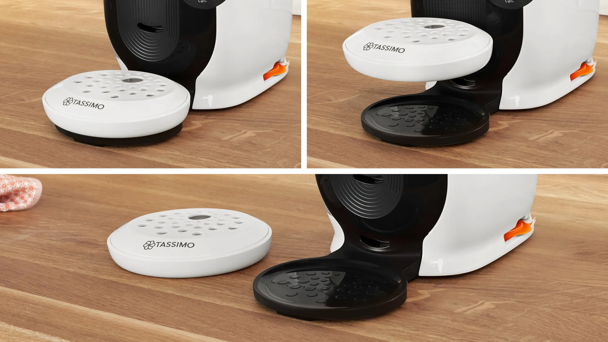 Biała maszyna Tassimo z wyjmowaną tacką ociekową na drewnianym tle.