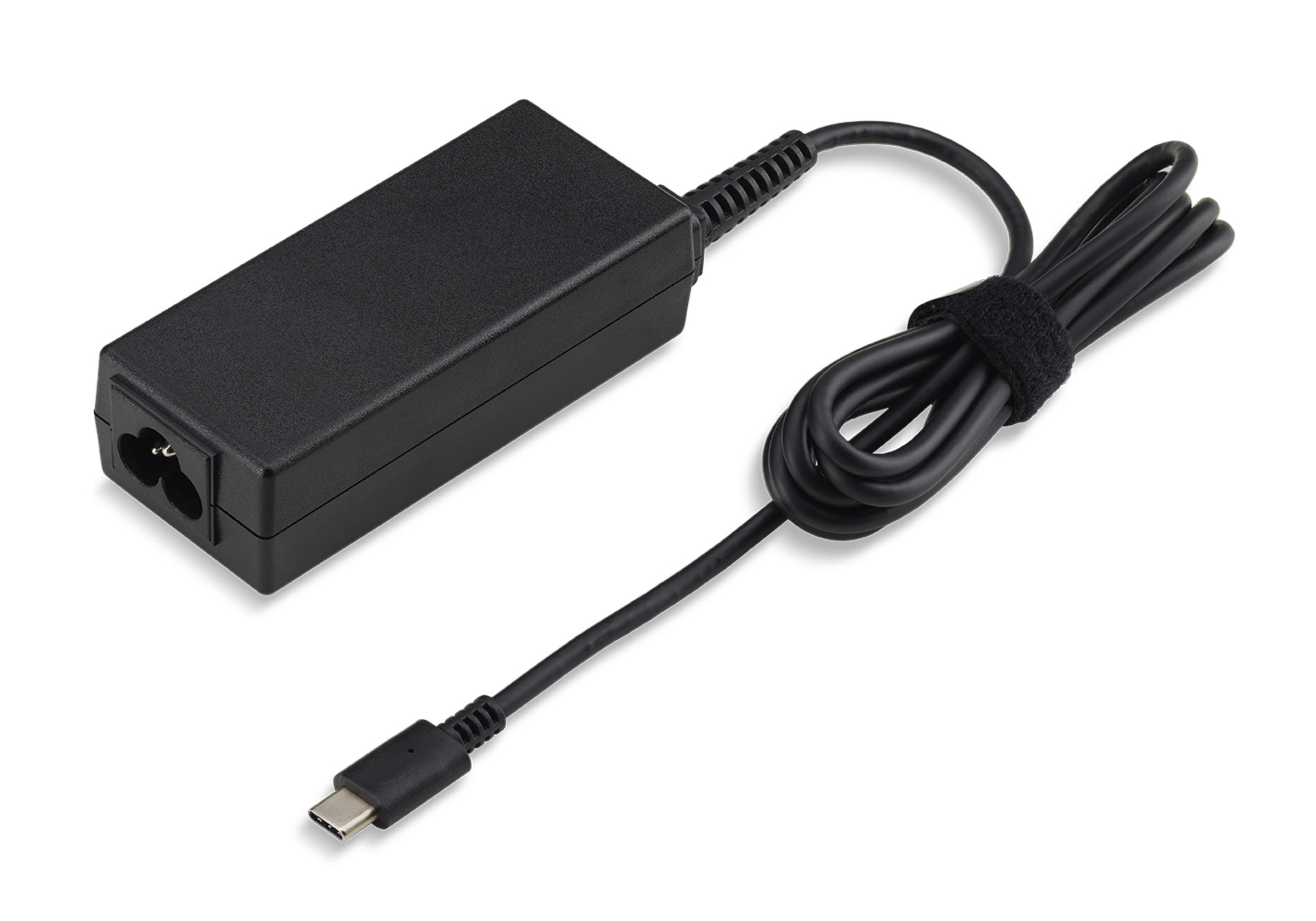 Schwarzer Laptop-Netzteil mit USB-C-Anschluss und Stromkabel.