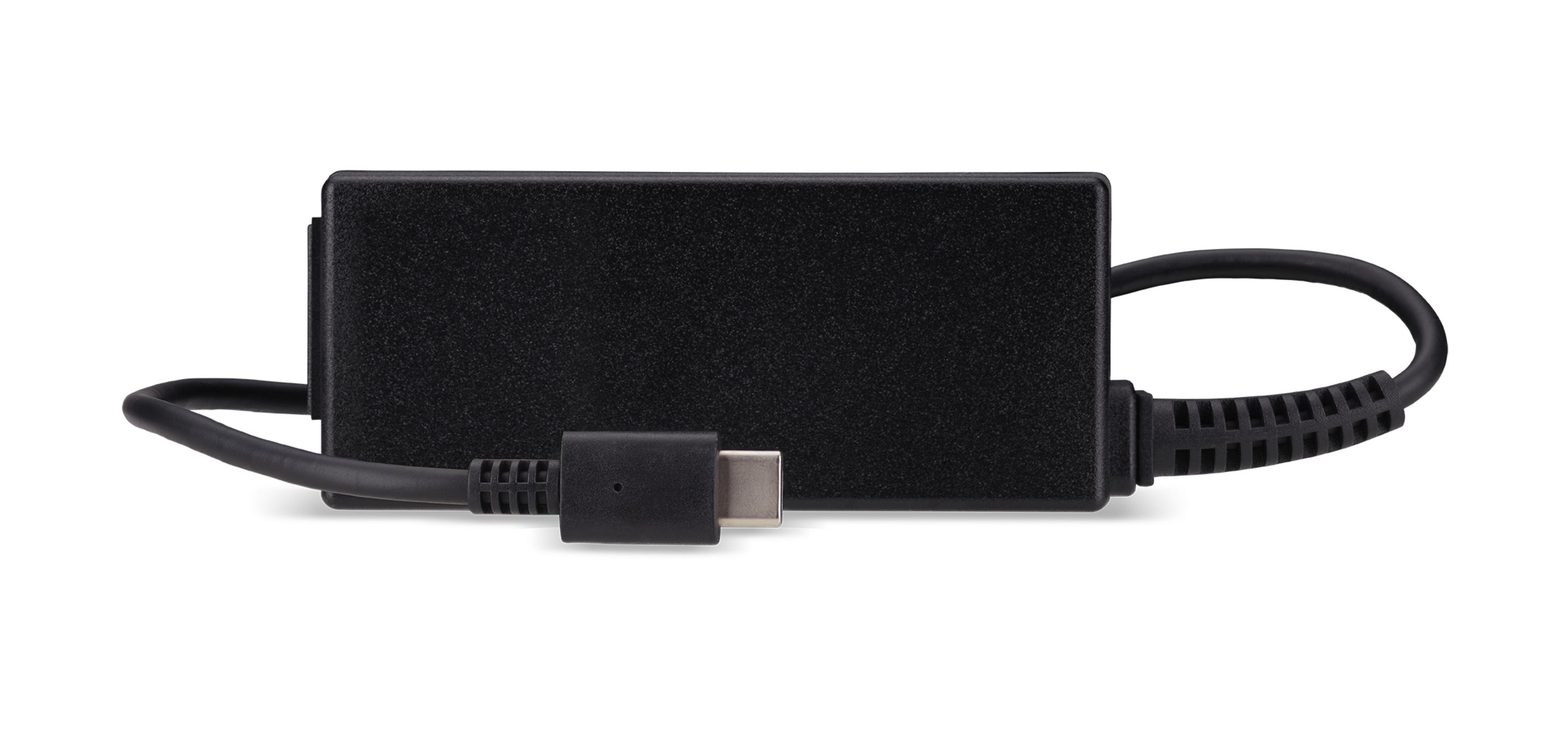 Ein schwarzes Netzteil mit USB-C-Kabel und Stecker.