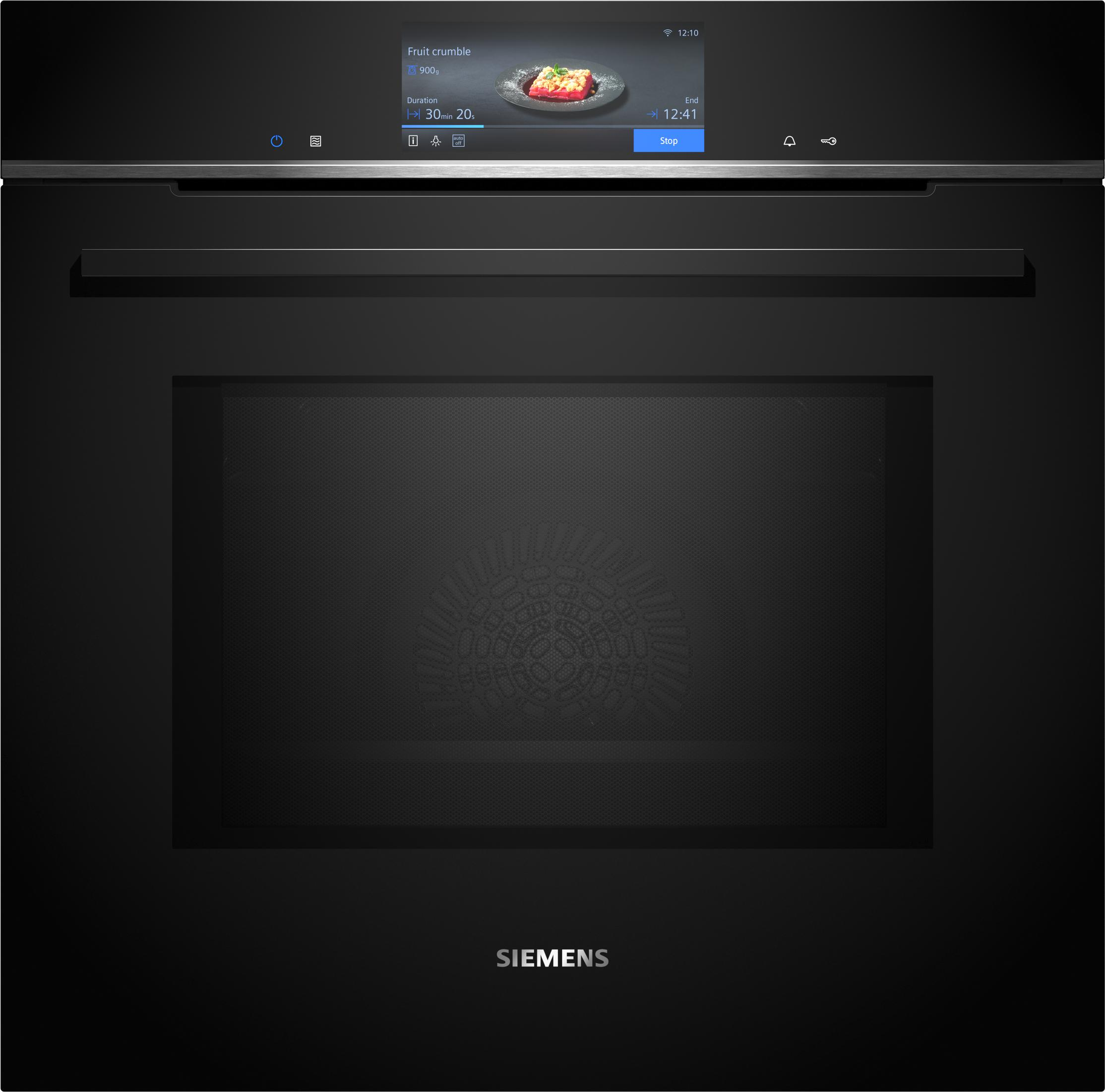 Een zwarte Siemens oven met een touchscreen waarop "Fruit crumble" staat.