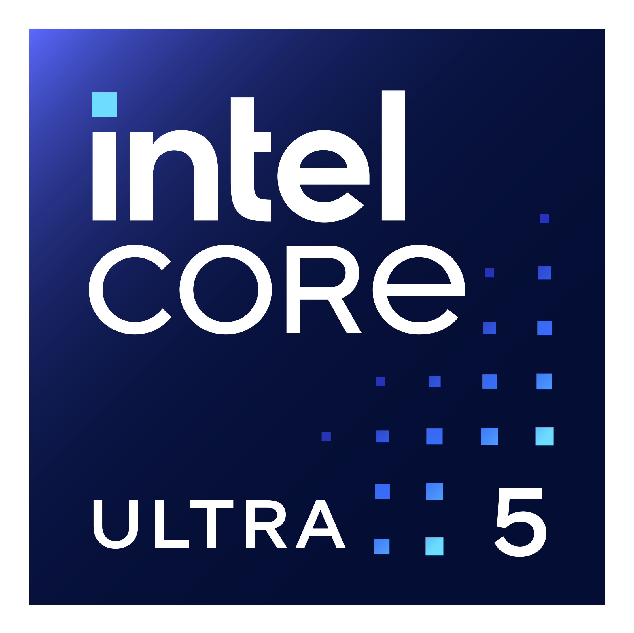 Logo Intel Core Ultra 5 na niebieskim tle z kwadratami.