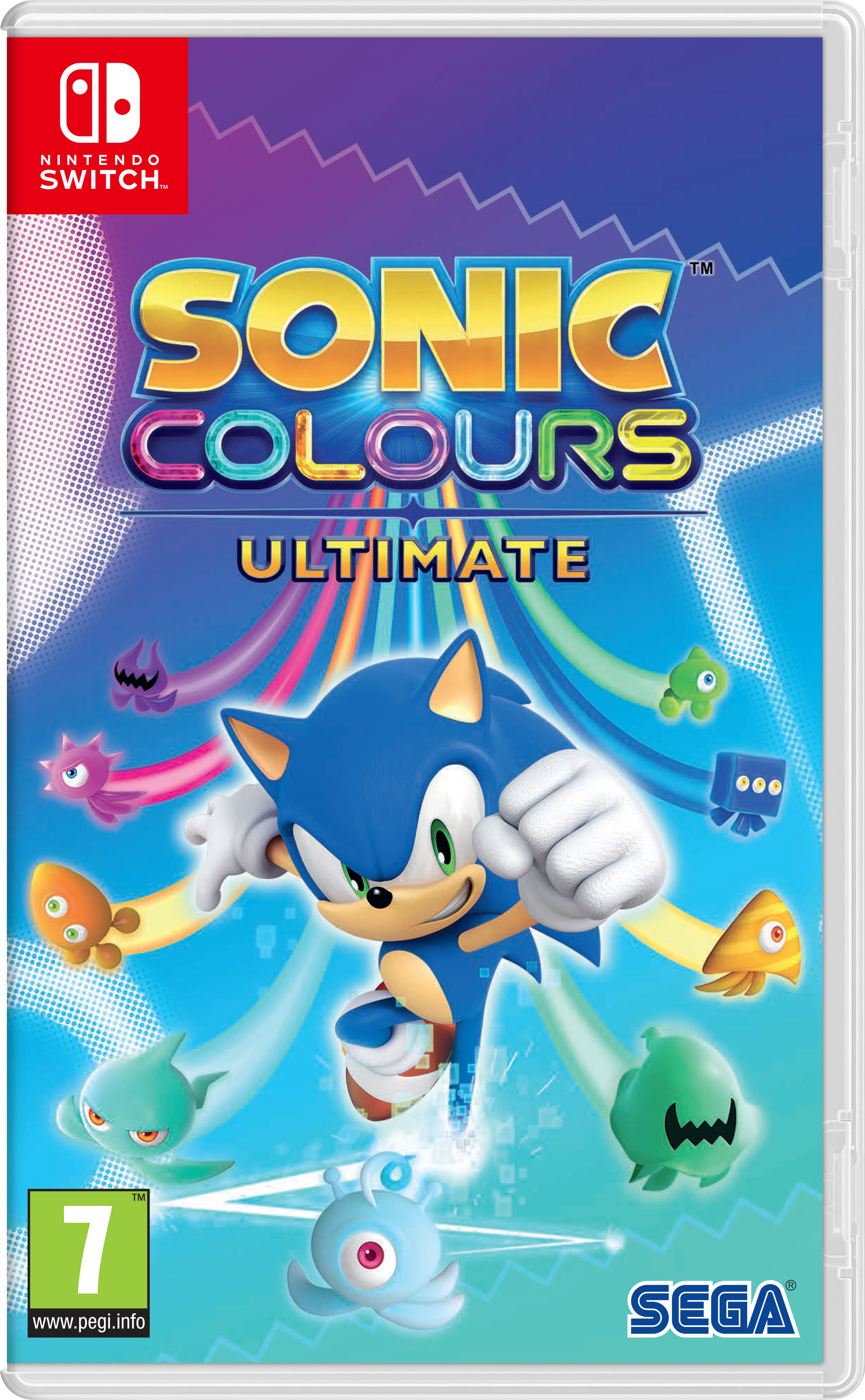 Sonic ściga się z kolorowymi stworzeniami na okładce gry Sonic Colors Ultimate na Switcha.