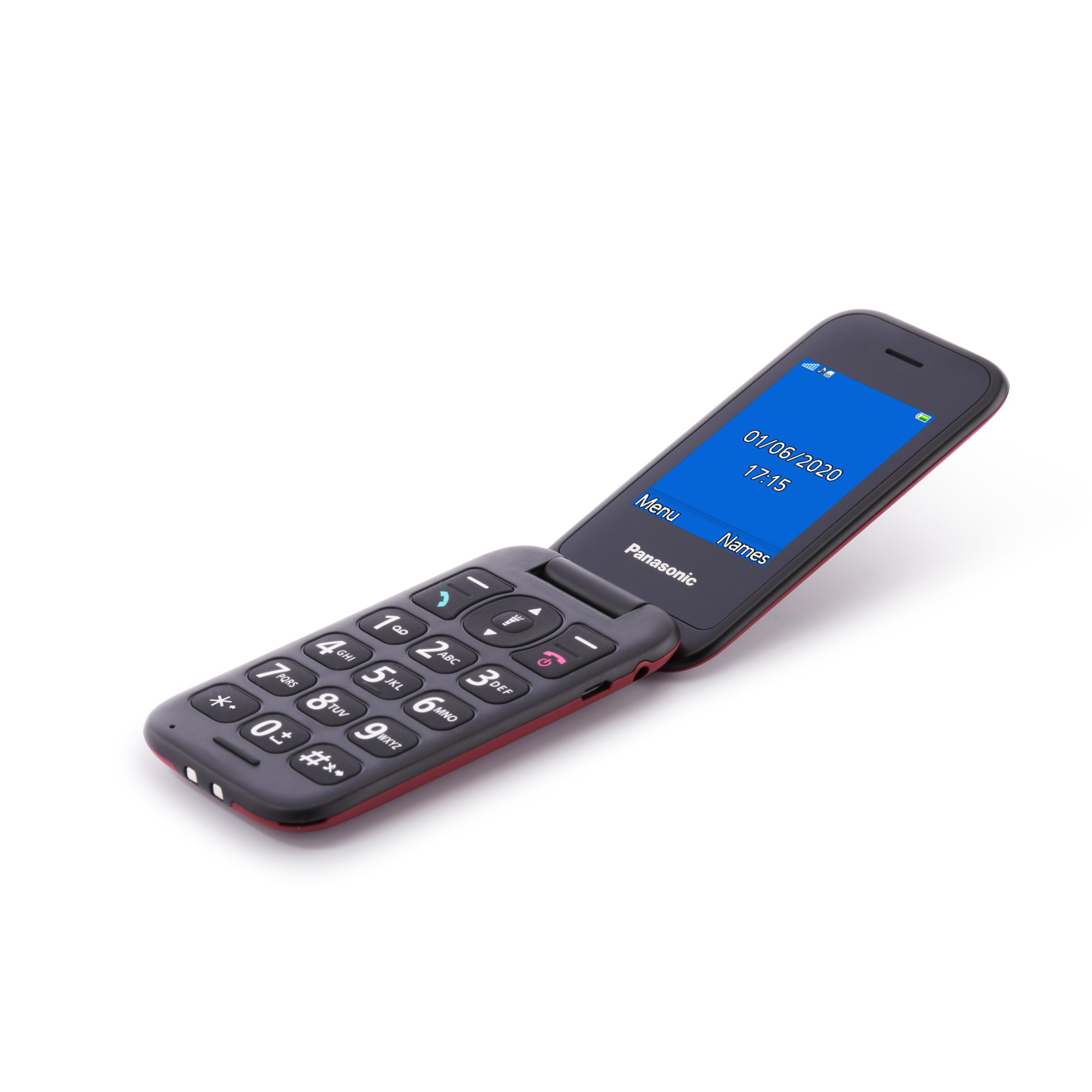 Un telefono flip Panasonic grigio e rosso aperto su sfondo bianco.