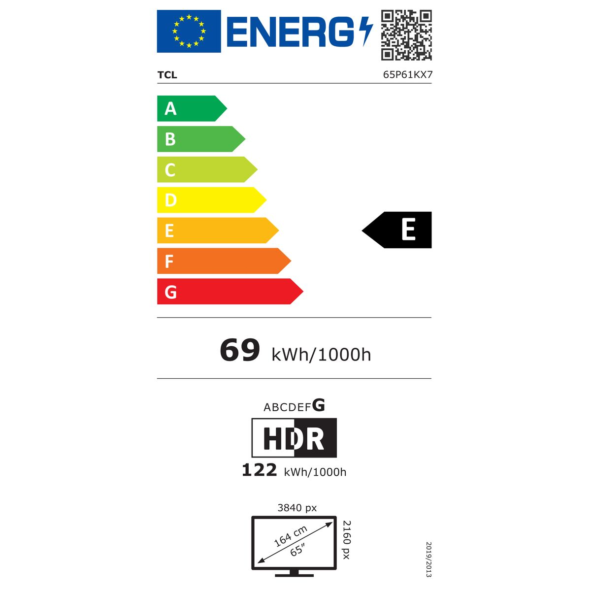 Étiquette énergétique pour un téléviseur TCL de classe d'efficacité énergétique E.