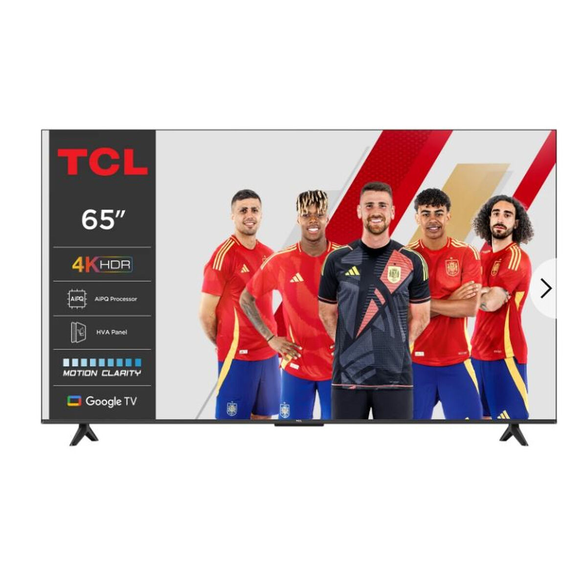 TV TCL 65 pouces 4K HDR avec Google TV et footballeurs à l'écran.