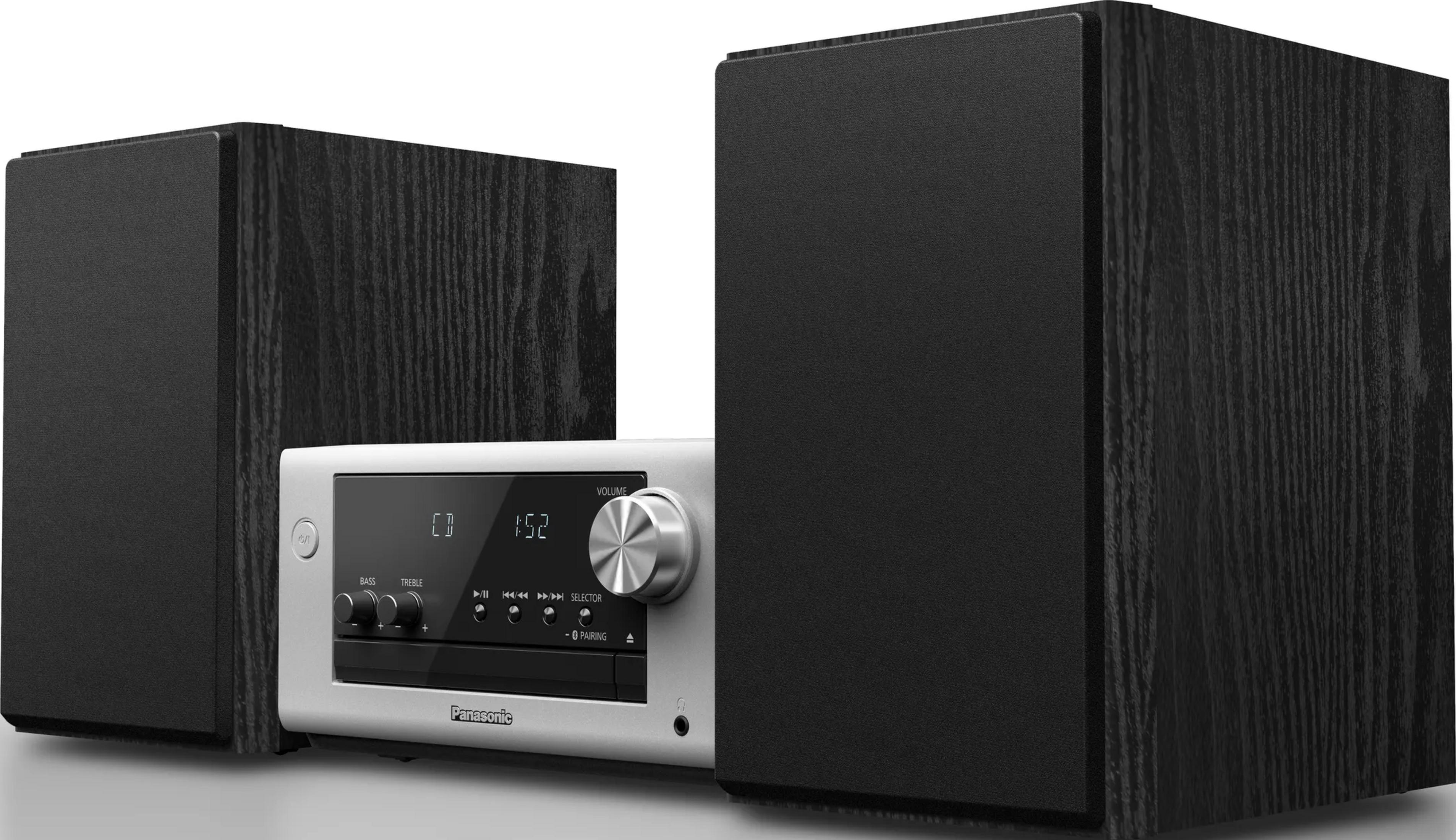 Ein silberner Panasonic-Stereo-Receiver mit Holzmaserung-Lautsprechern.