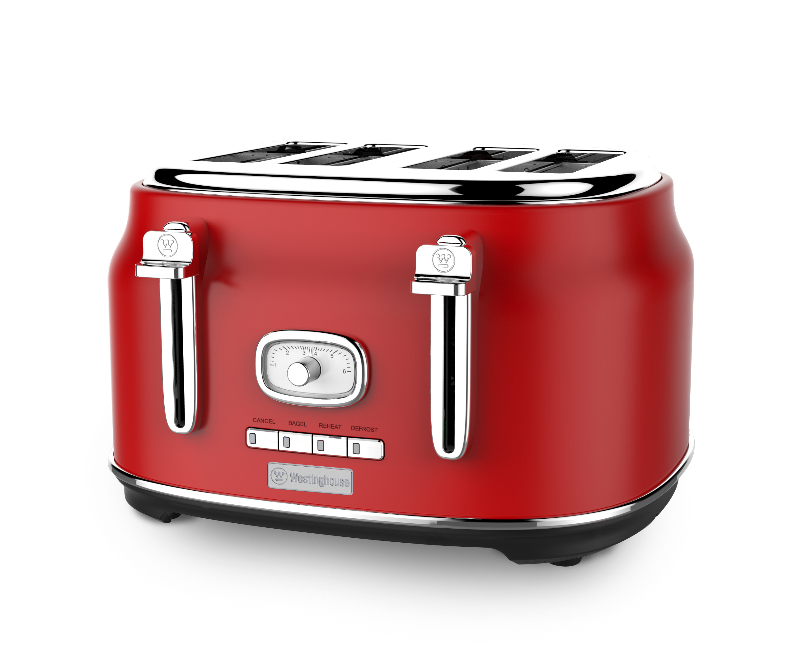 Ein roter Toaster mit vier Schlitzen, Chromdetails und Bedienelementen.