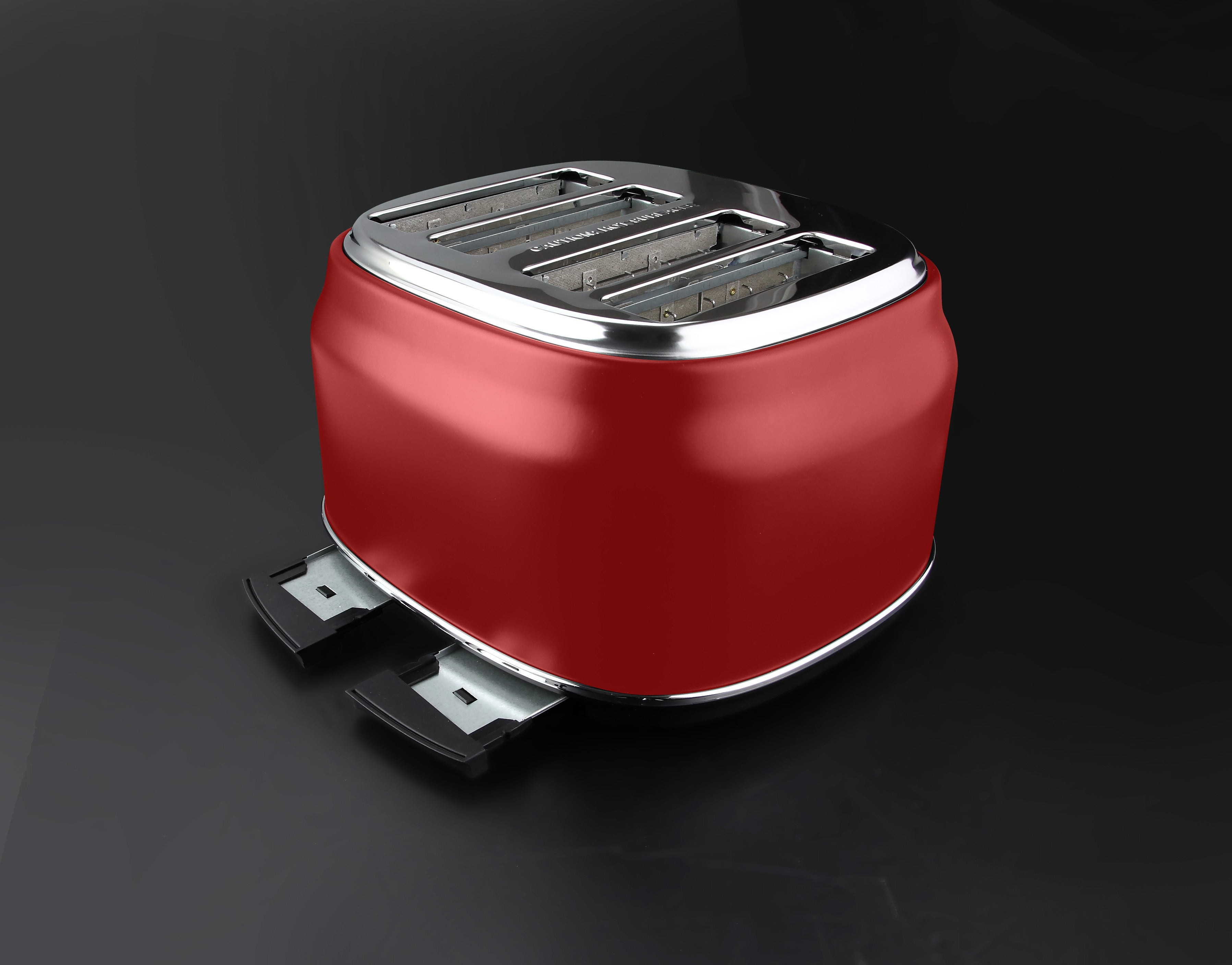 Ein roter Toaster mit Chromrand und ausziehbaren Krümelschubladen.