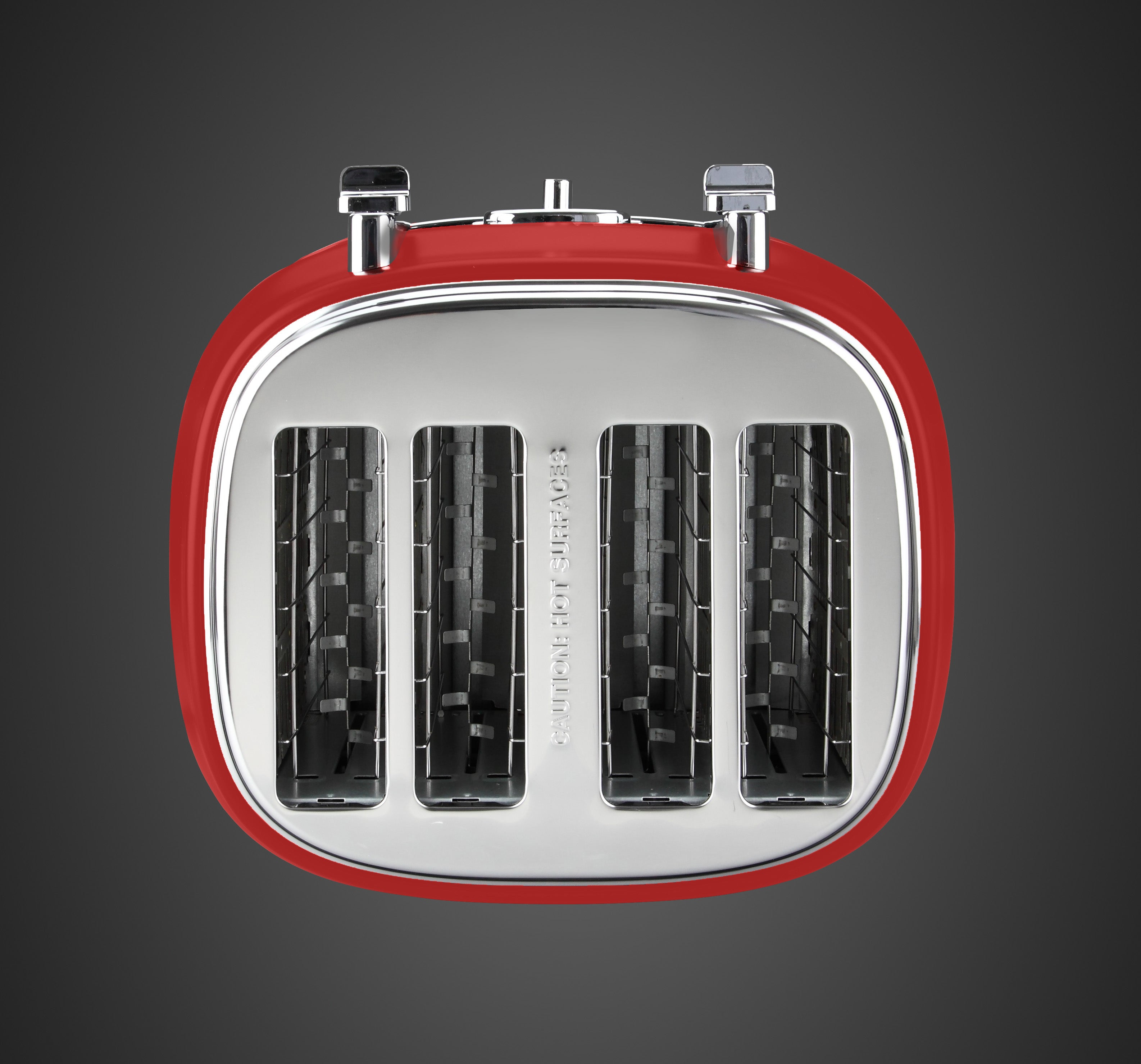 Ein roter Toaster mit vier Schlitzen und Chromdetails auf dunklem Hintergrund.