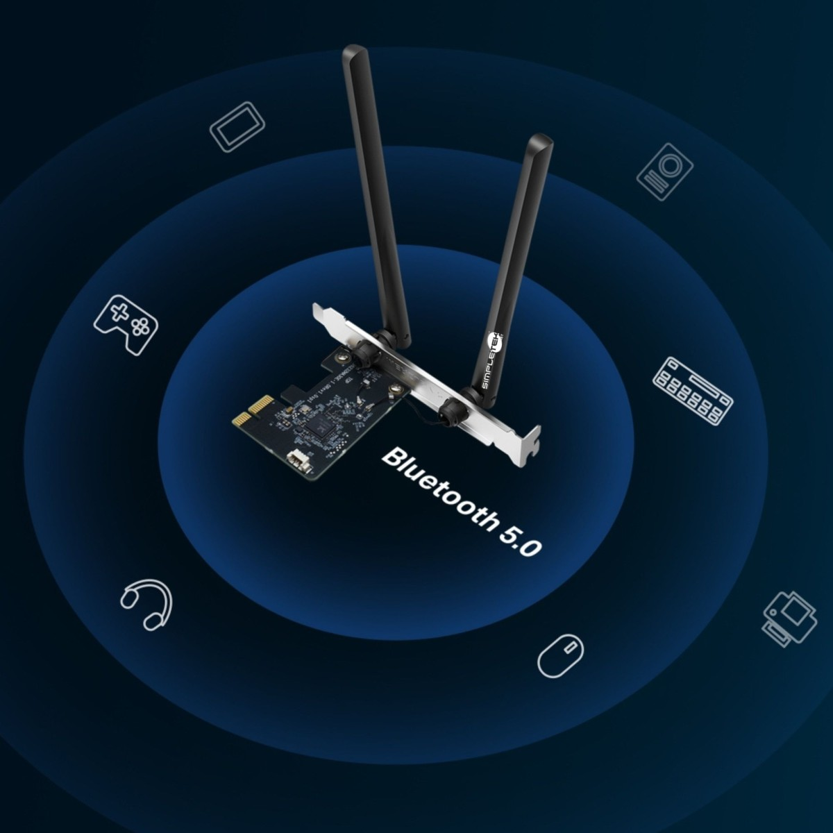 Karta Bluetooth 5.0 z antenami, otoczona ikonami urządzeń.