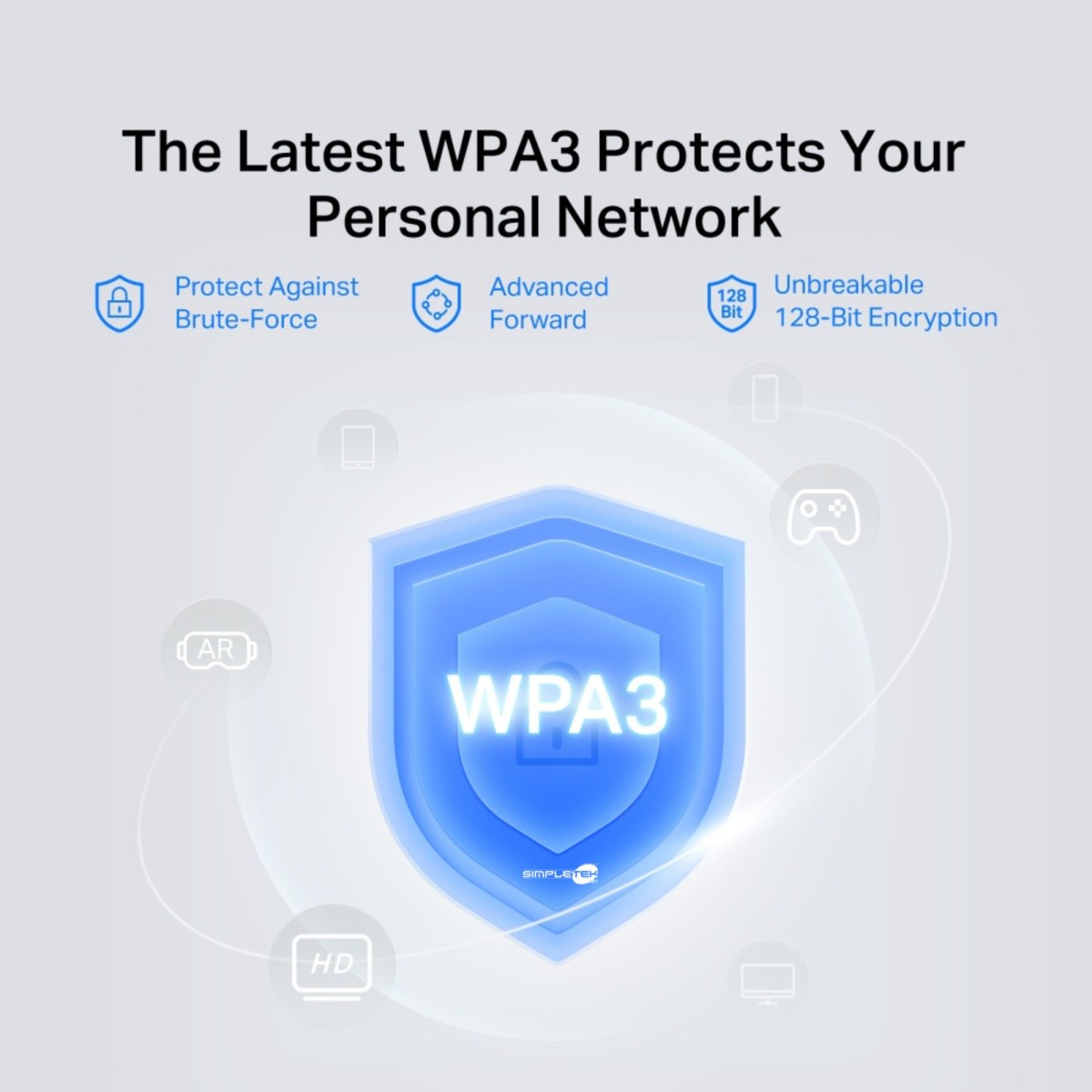 Logo WPA3 na tarczy z tekstem o bezpieczeństwie i ochronie sieci.