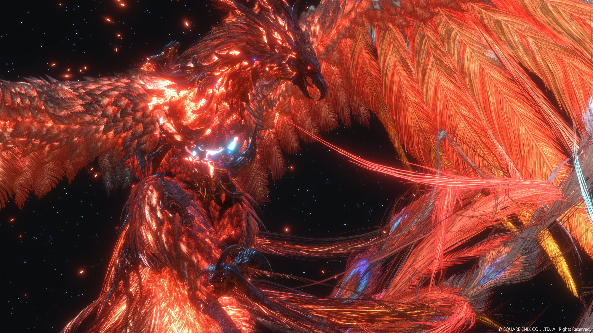 Czerwony feniks z lśniącymi piórami leci na gwieździstym niebie.