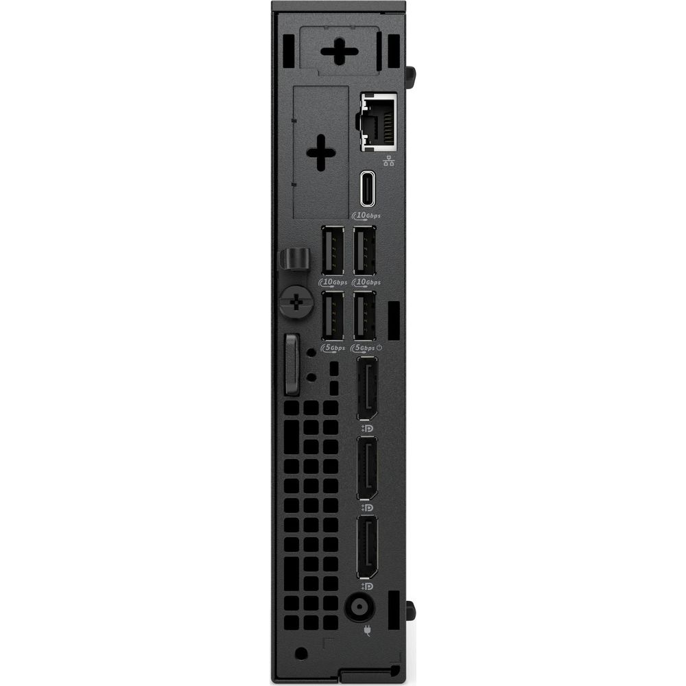 Back view of a small black computer with ports: USB, Ethernet, HDMI.