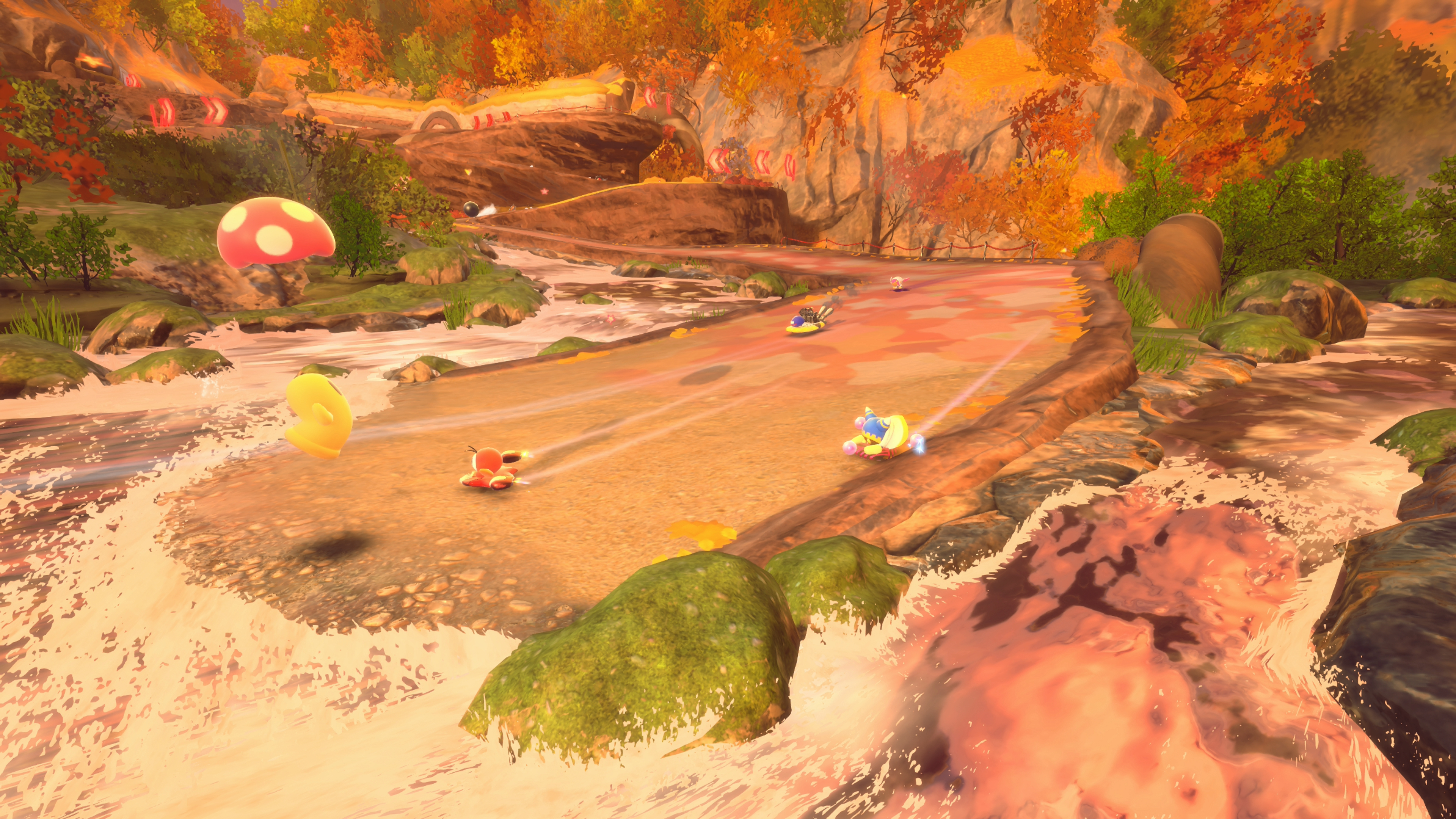 Pista da corsa autunnale con personaggi in go-kart che guidano sull'acqua.