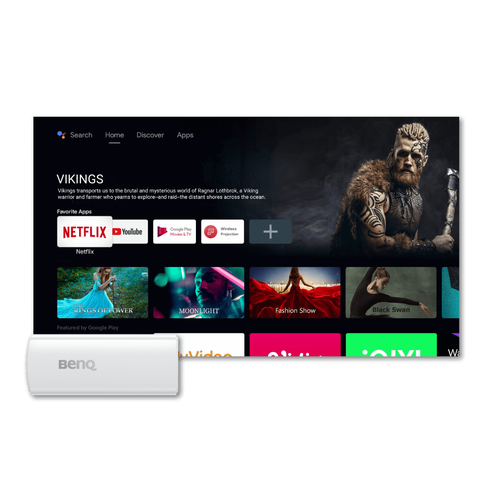 Uno schermo TV smart mostra la serie 'Vikings', con app come Netflix e YouTube.