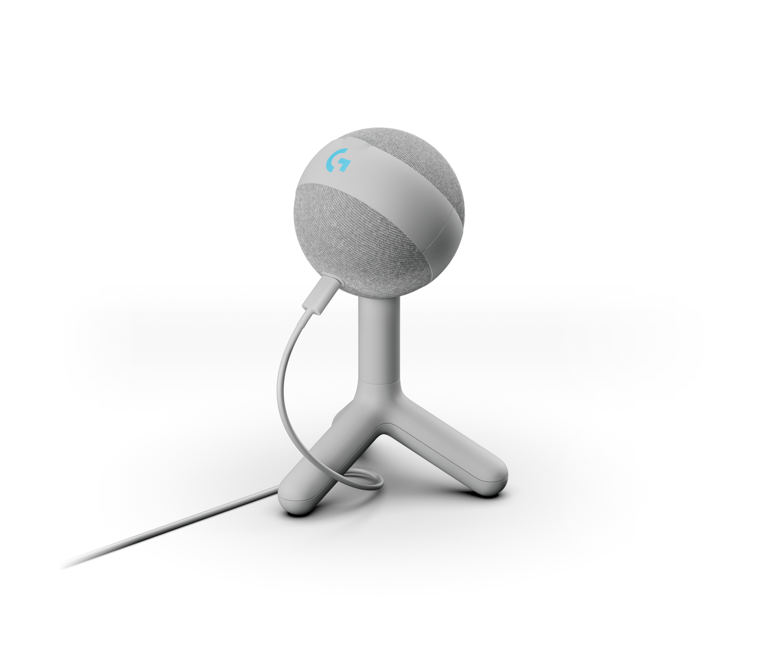 Grauer Ball-Mikrofon auf grauem Ständer mit Kabel. Logitech Logo.