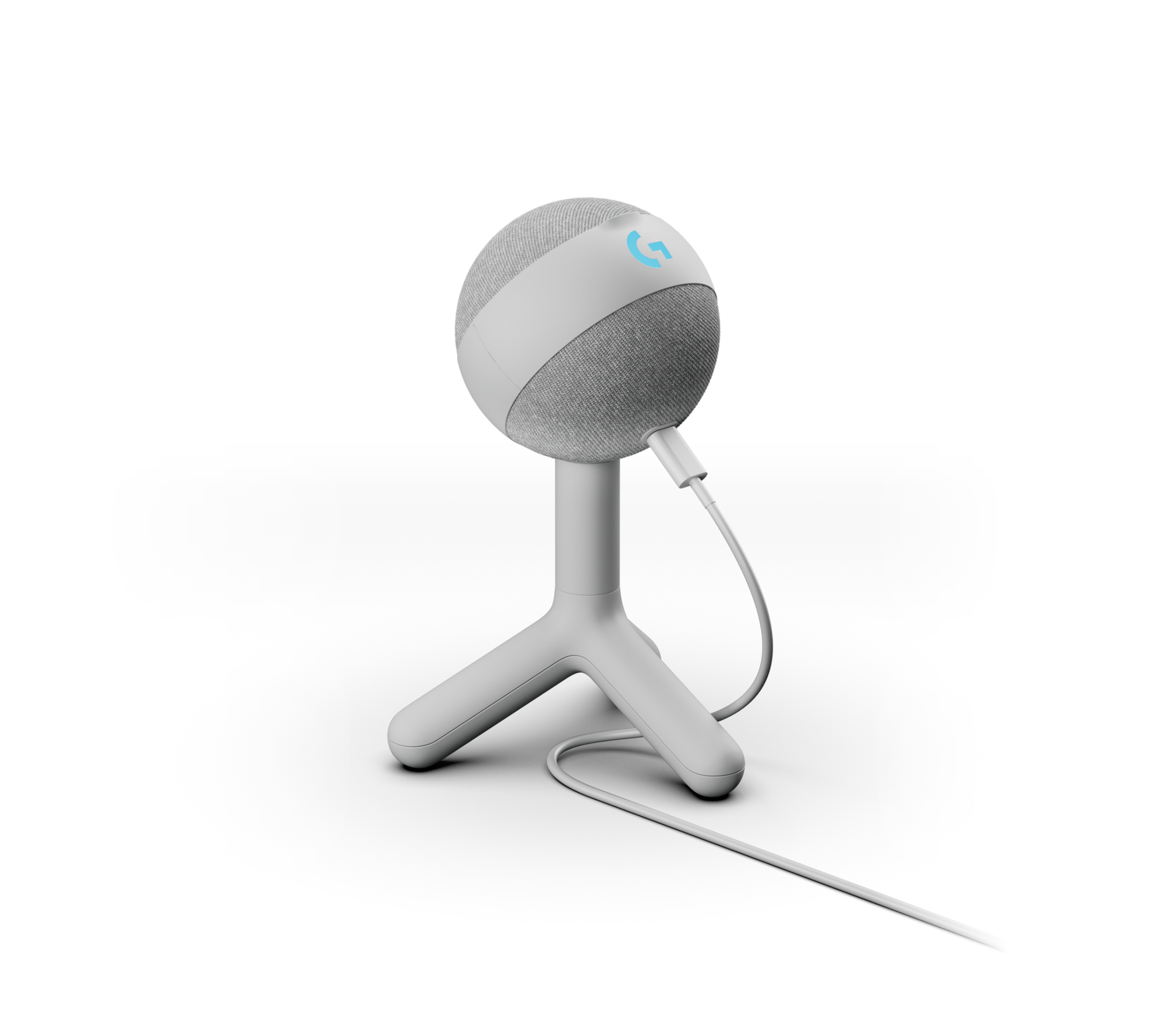 Ein grauer Logitech G-Mikrofon auf einem dreibeinigen Ständer mit blauem G-Logo.