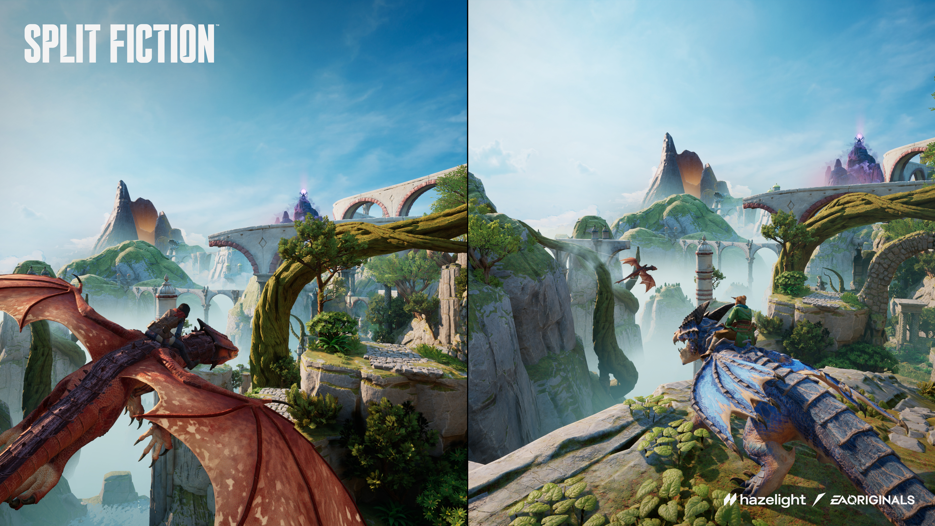 Dwa smoki lecące nad fantastycznym światem z mostami i górami.