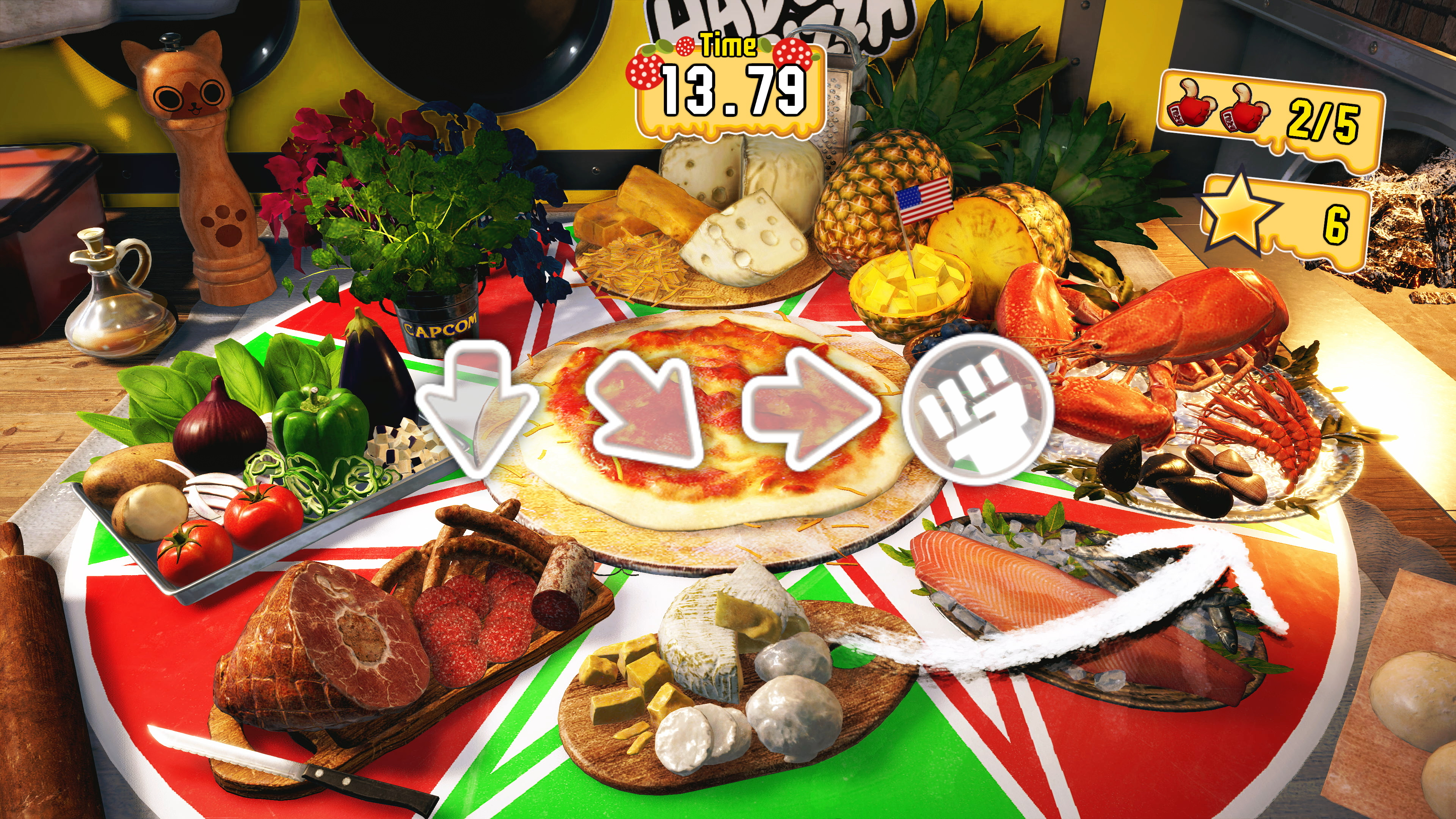 Una pizza con ingredienti come formaggio, salsiccia, pesce, gamberi, frutta e verdura.