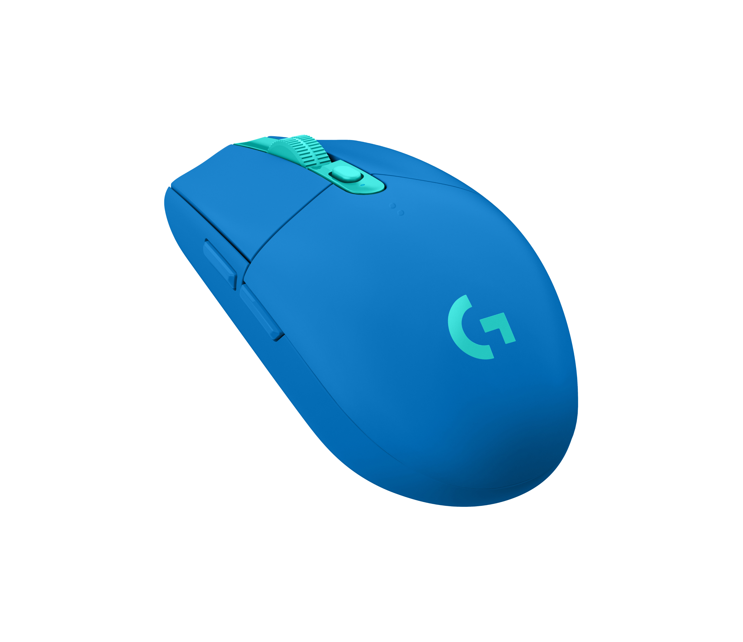 Niebieska mysz Logitech z turkusowym kółkiem i logo.