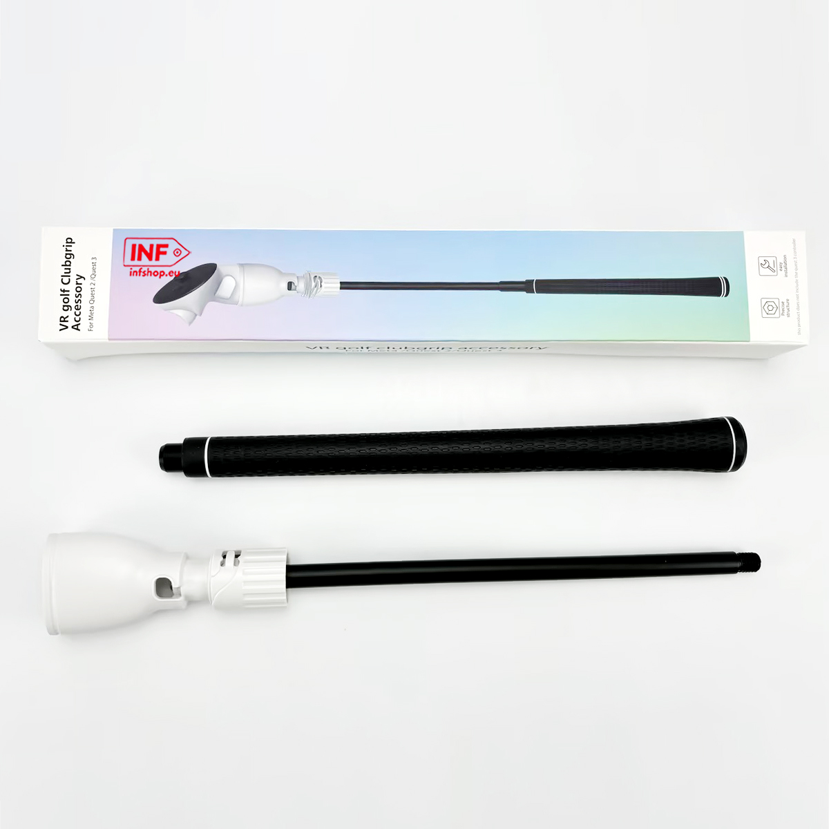 VR golfclubgrip accessoire met zwarte grip en witte controllerhouder.