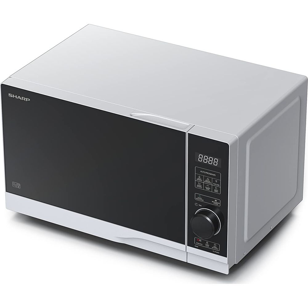 Biała kuchenka mikrofalowa Sharp z czarnymi drzwiami i cyfrowym wyświetlaczem na białym tle.