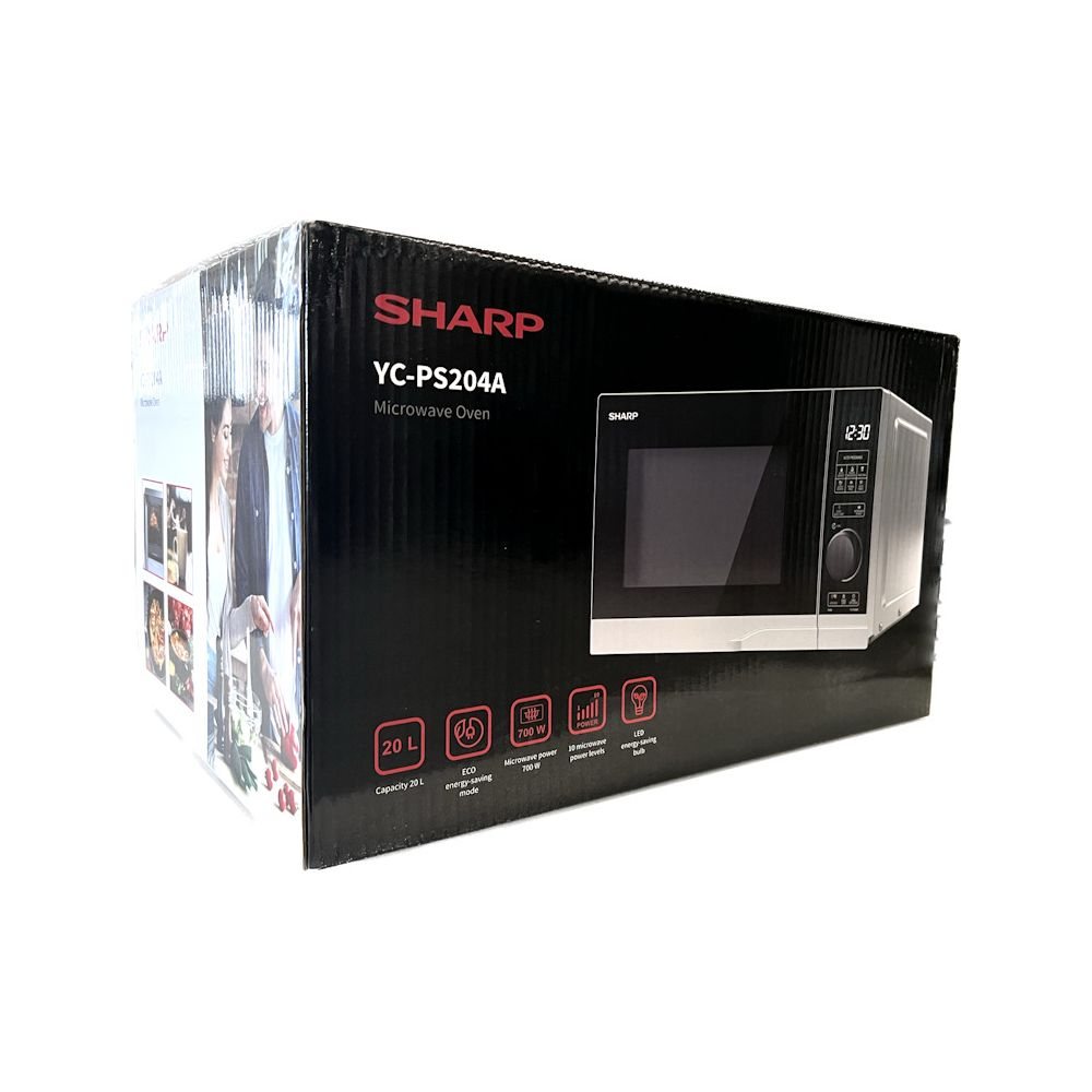 Pudełko kuchenki mikrofalowej Sharp YC-PS204A z obrazem produktu.