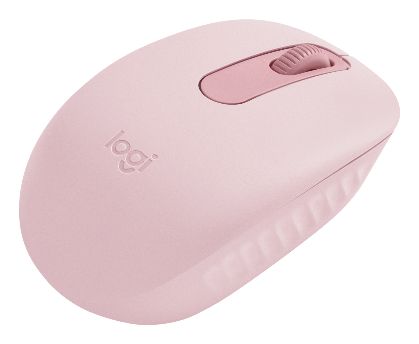 Een lichtroze Logitech computermuis met scrollwiel en Logitech-logo.