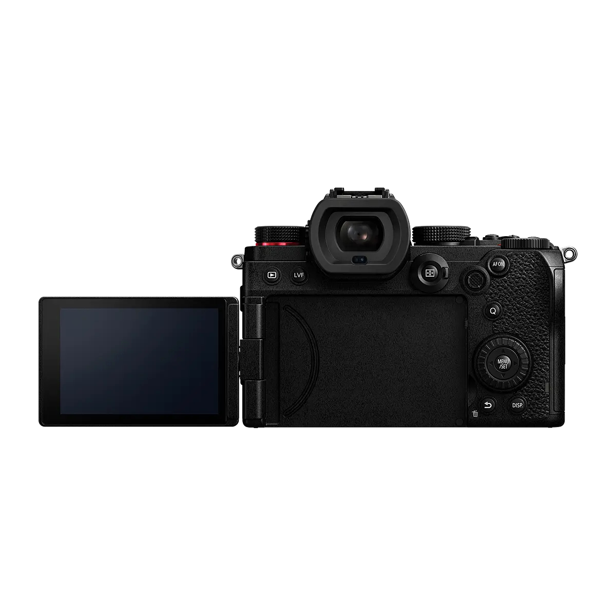 Vue arrière d'un appareil photo numérique noir avec son écran déplié.