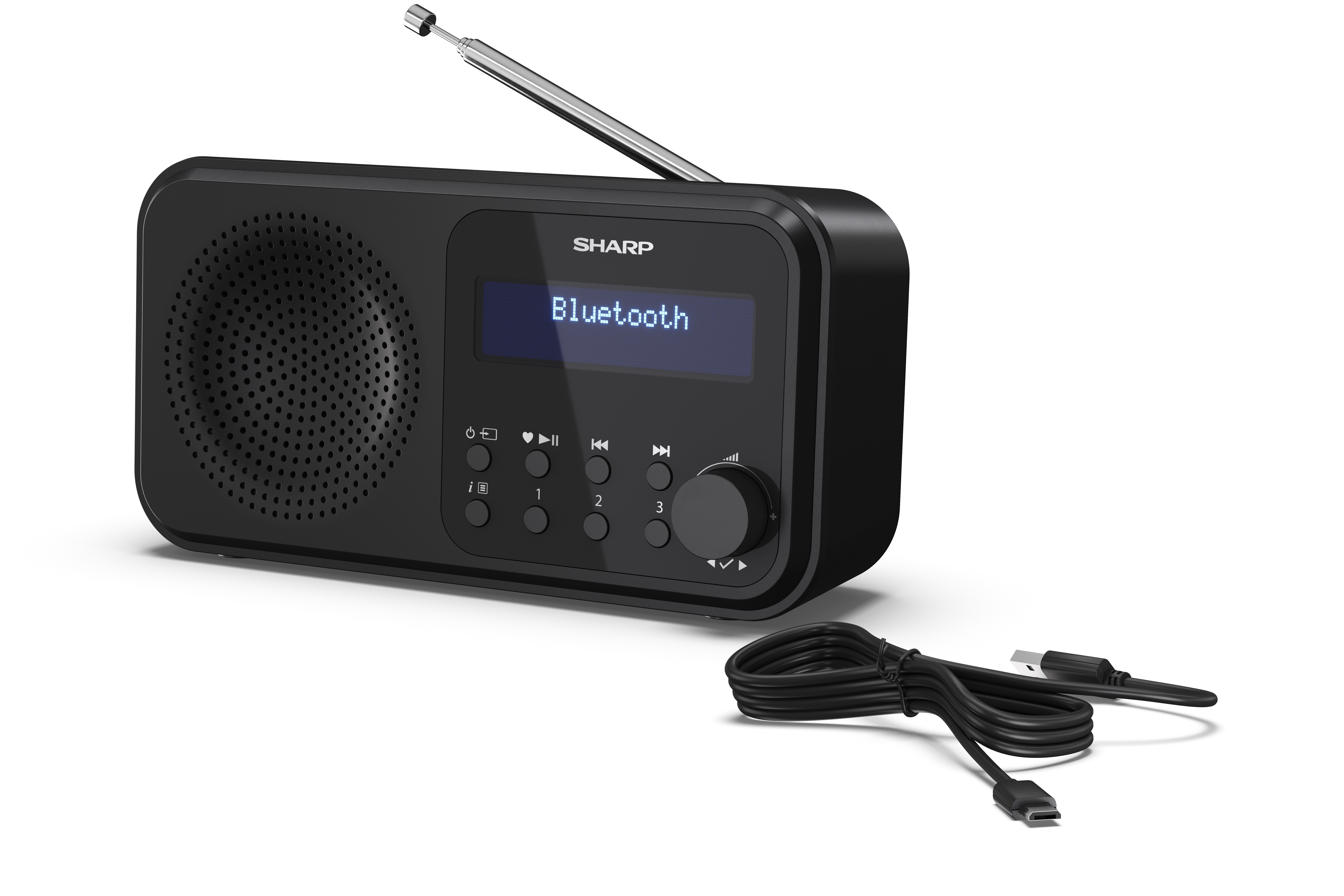 Czarno-białe radio Bluetooth SHARP z wysuwaną anteną i kablem USB.