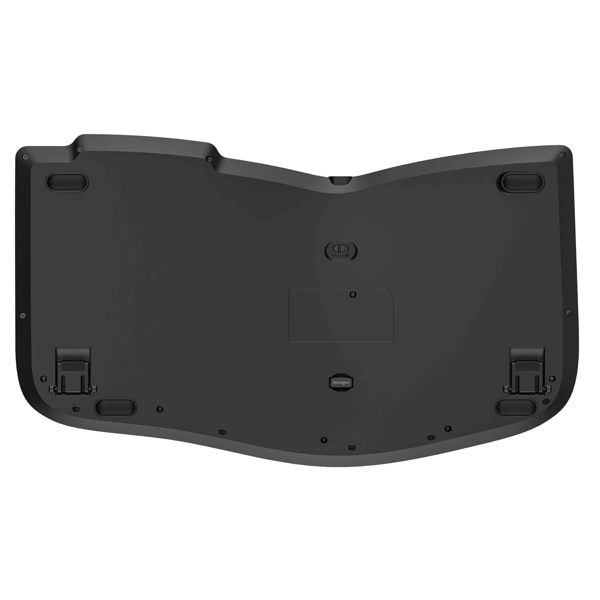 Underside of a black ergonomic keyboard with Kensington logo.