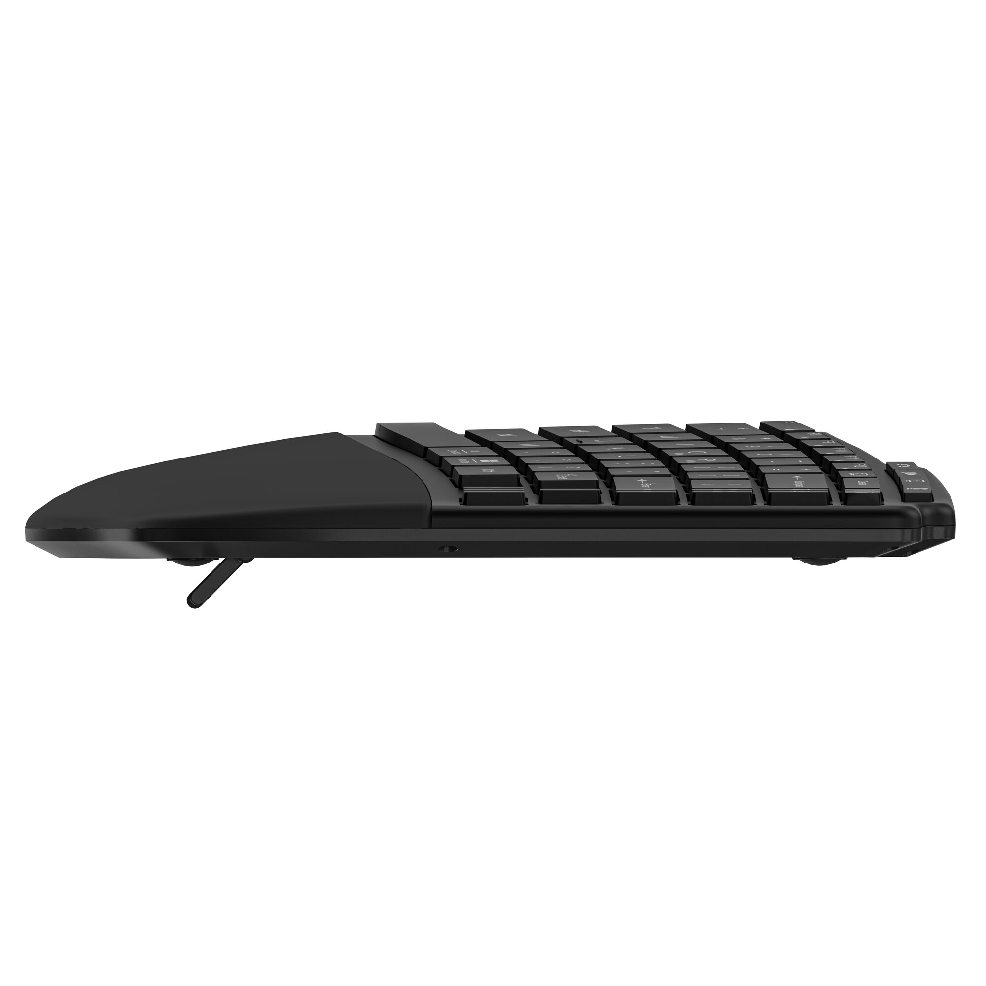 Black keyboard with raised wrist rest and a fold-out stand.