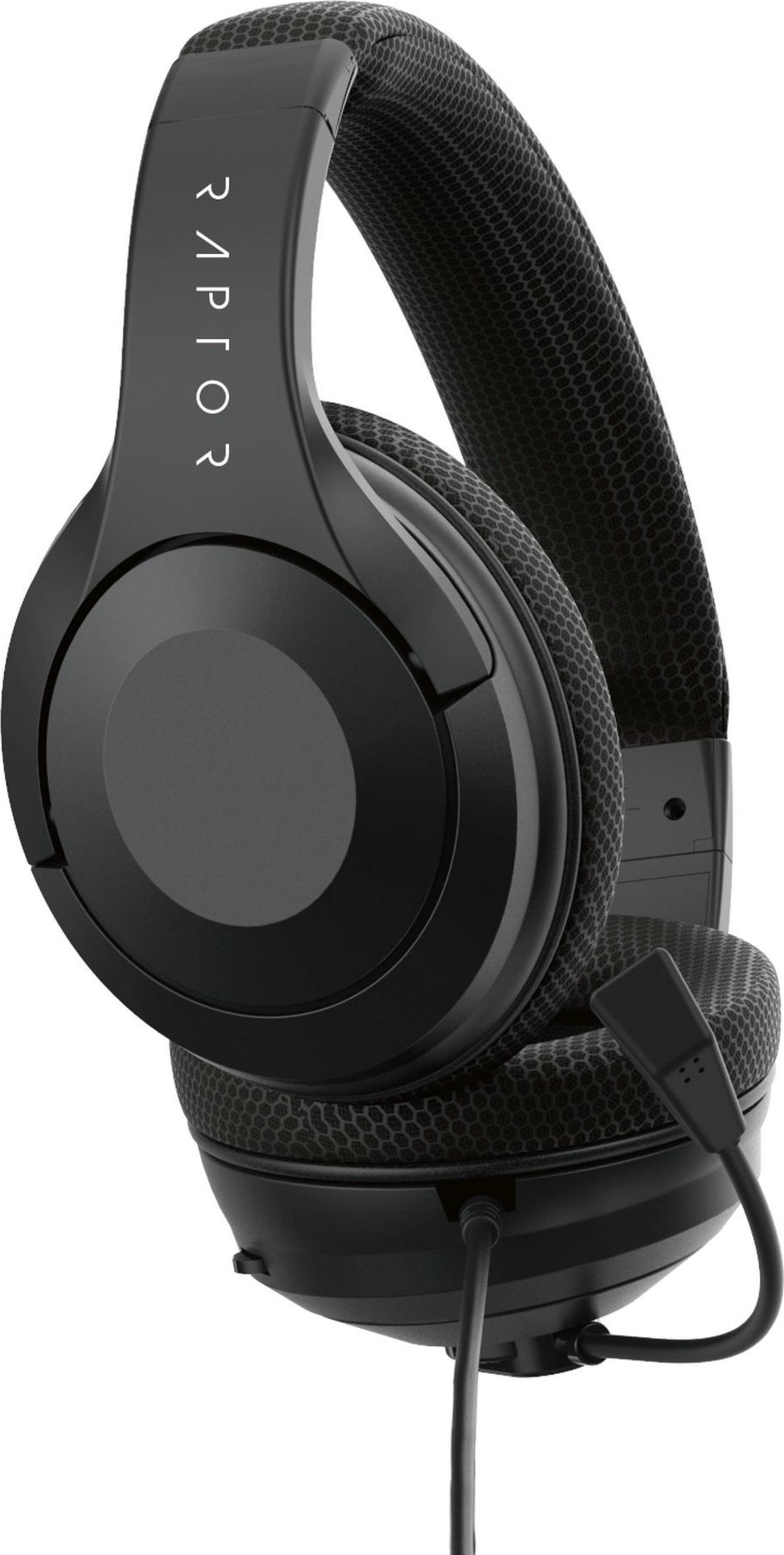Cuffie da gaming nere con archetto e microfono.