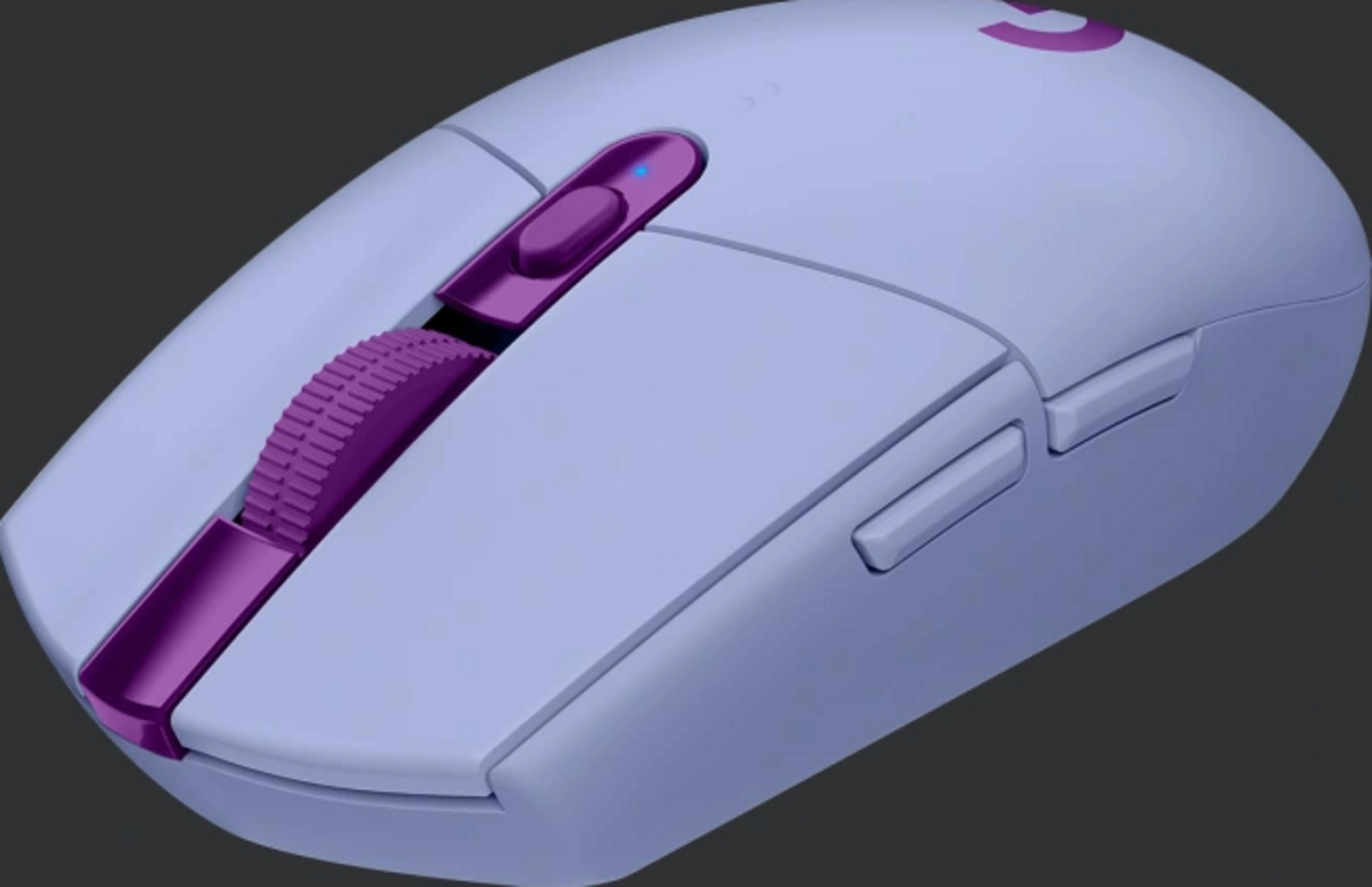 A light purple computer mouse with a purple scroll wheel and accents.