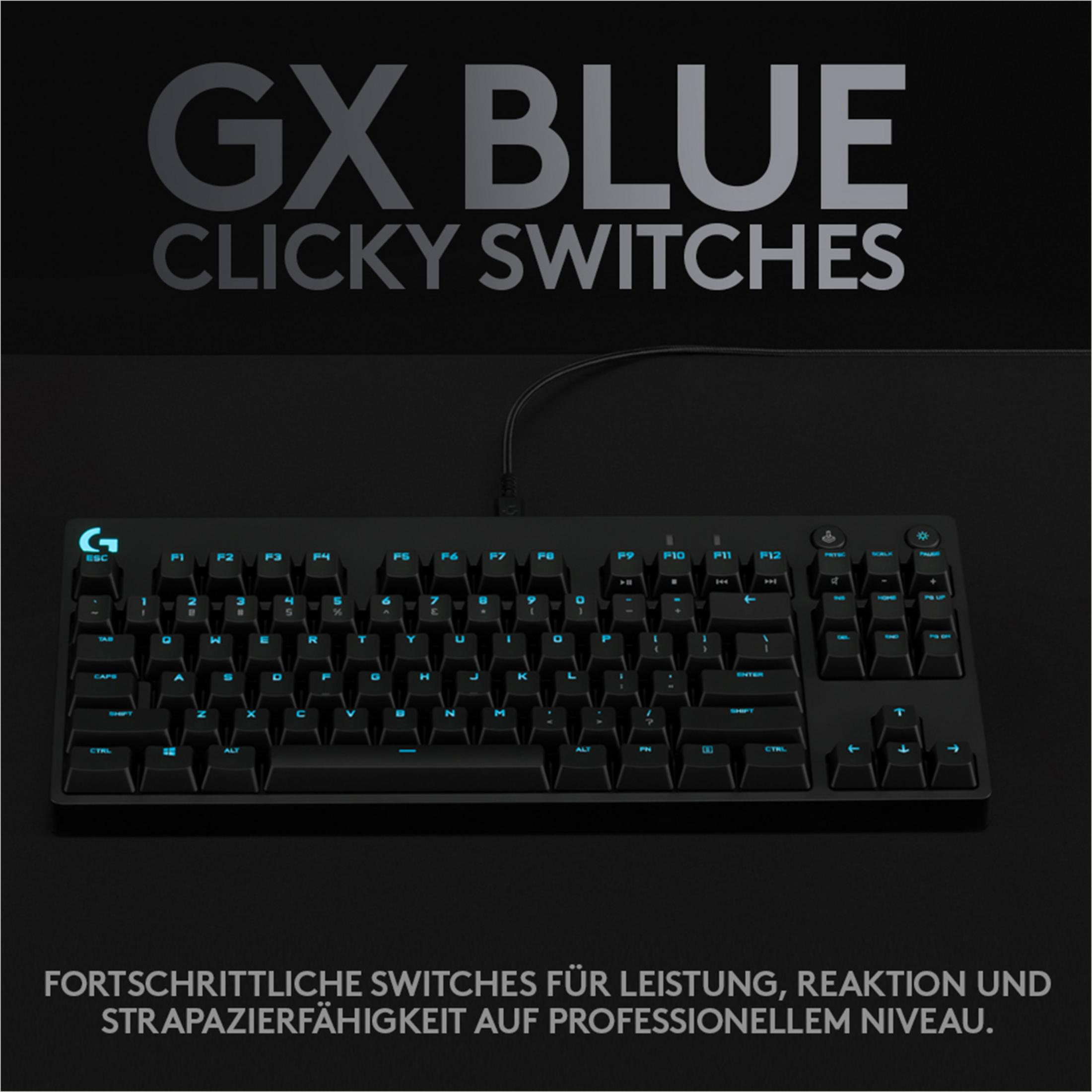 Czarna klawiatura z niebieskim podświetleniem i tekstem "GX BLUE CLICKY SWITCHES".