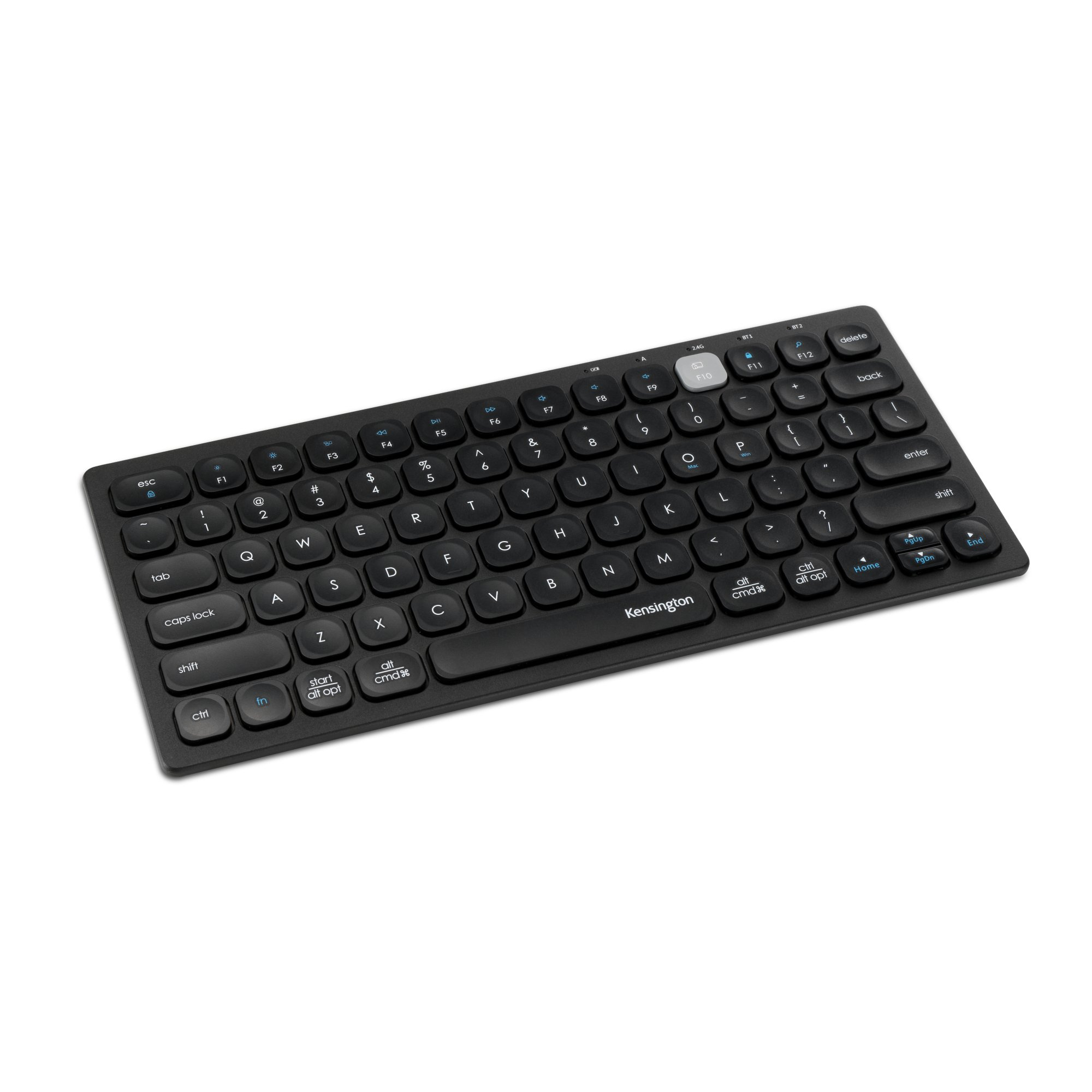 Clavier Kensington noir avec disposition QWERTZ sur fond blanc.