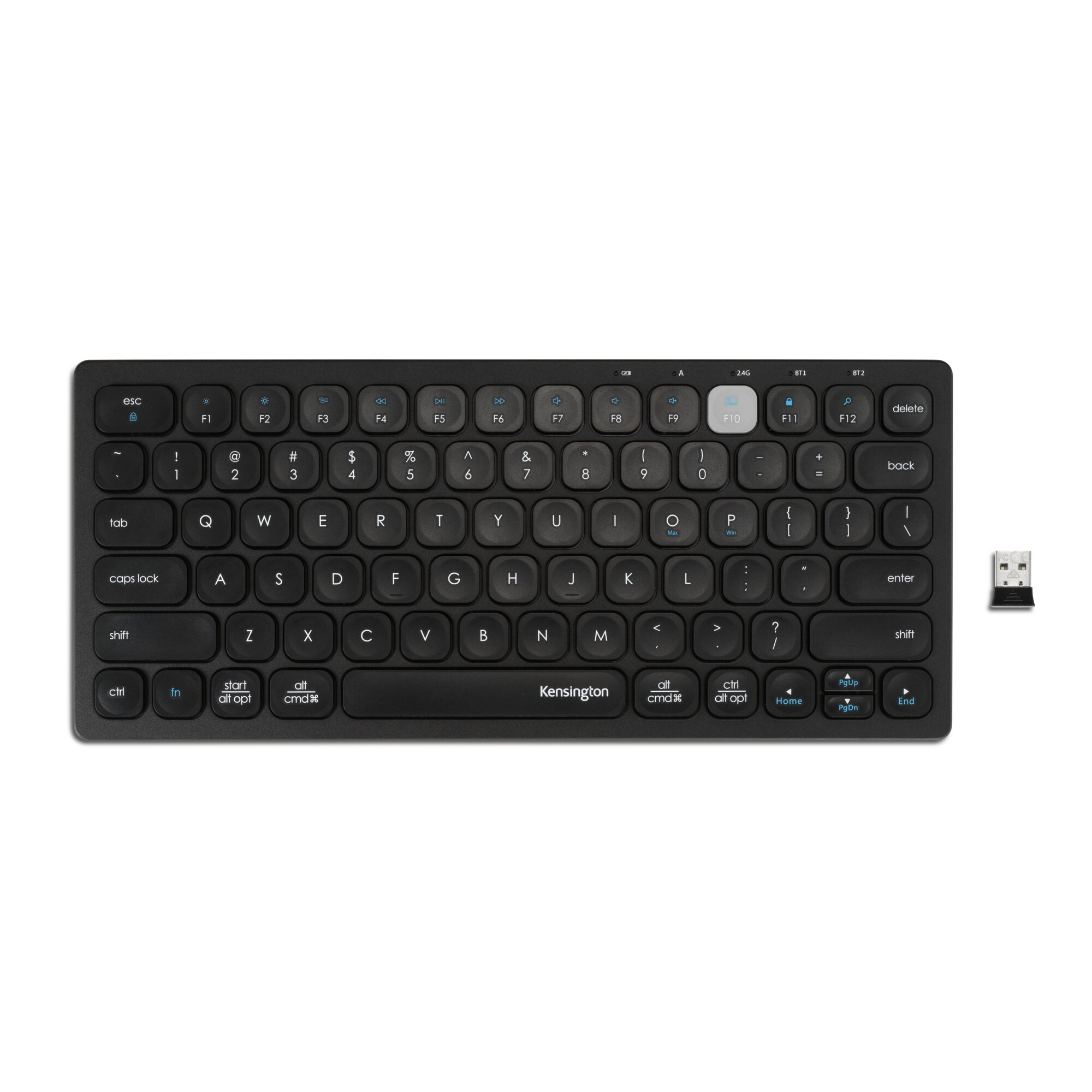 Clavier Kensington noir et un petit dongle USB sur fond blanc.