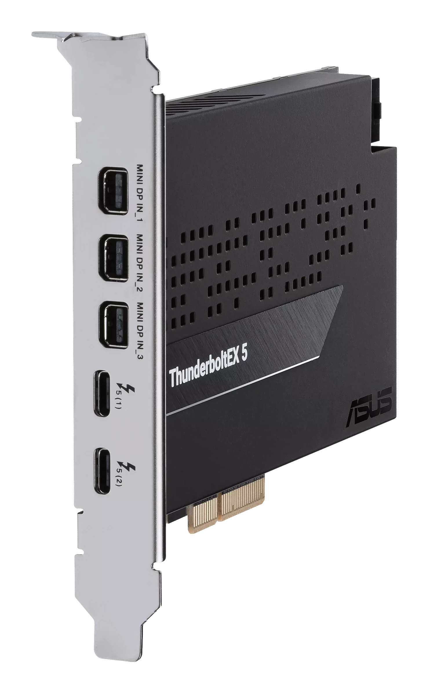 Una scheda di espansione Asus ThunderboltEX 5 nera con porte Mini-DP e USB-C.