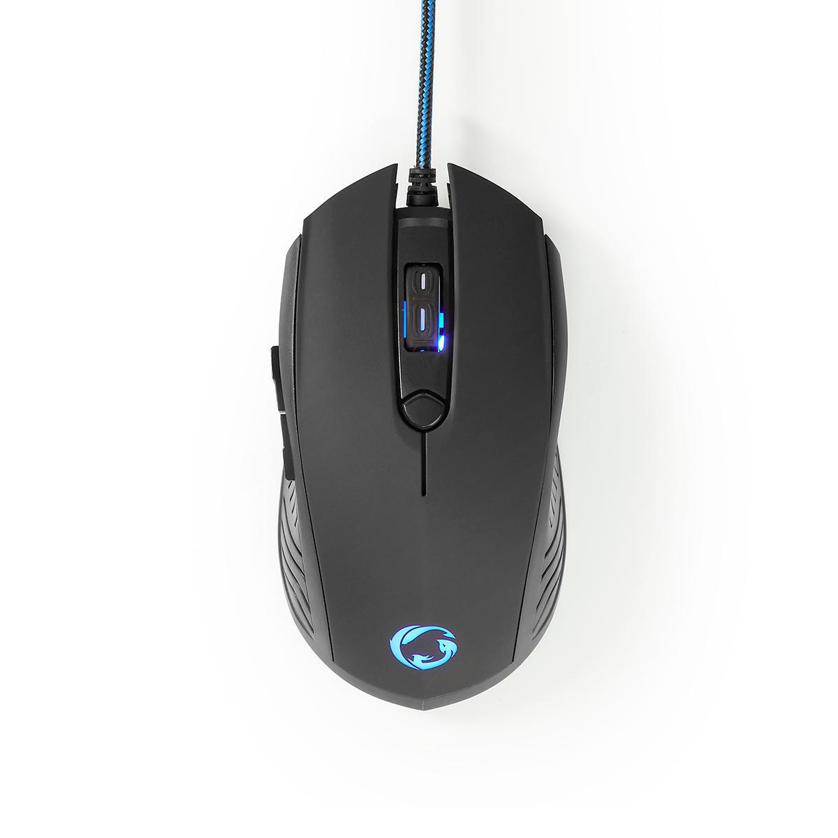 Mouse gaming nero con logo illuminato blu e cavo intrecciato.