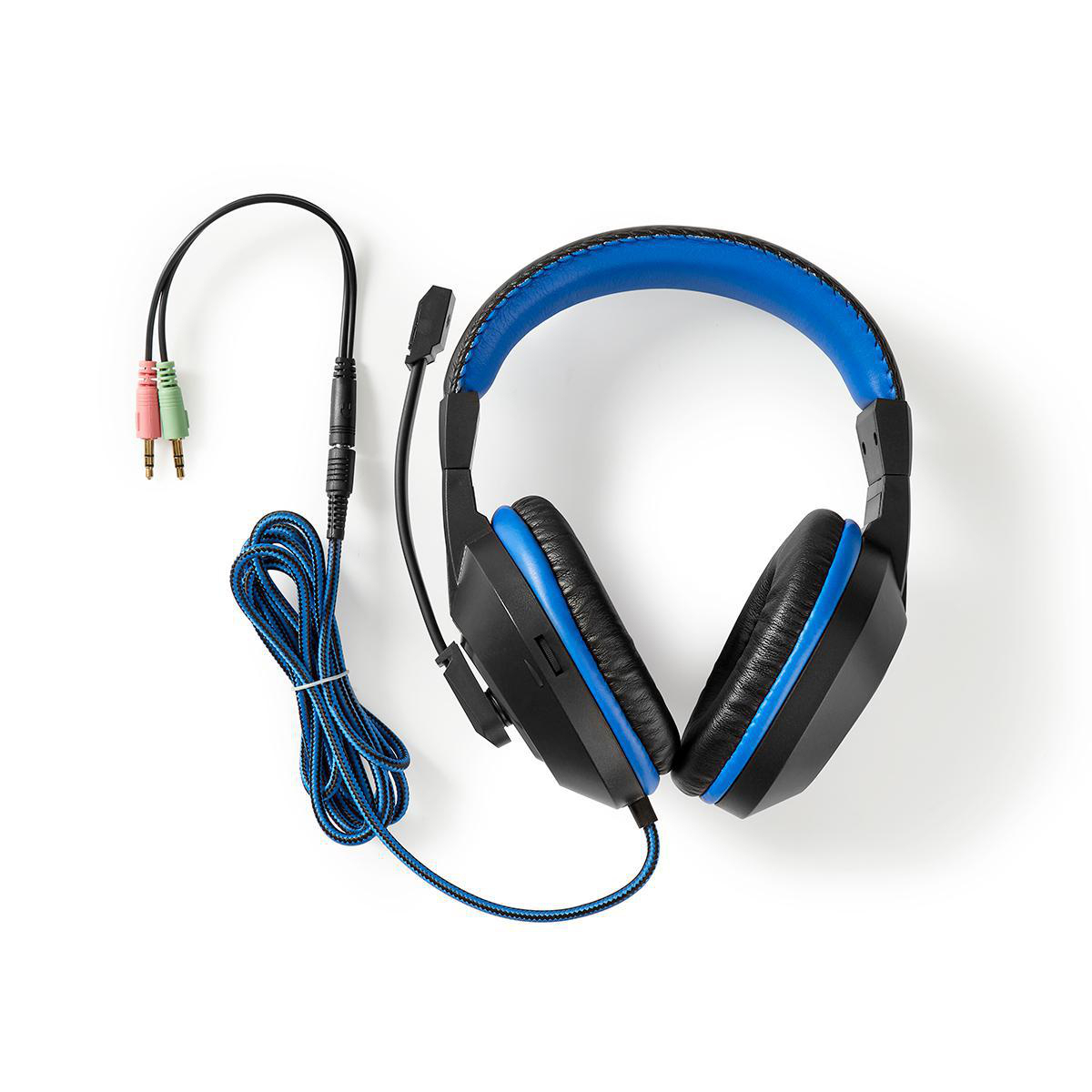 Cuffie nere con accenti blu, microfono e due cavi di collegamento.