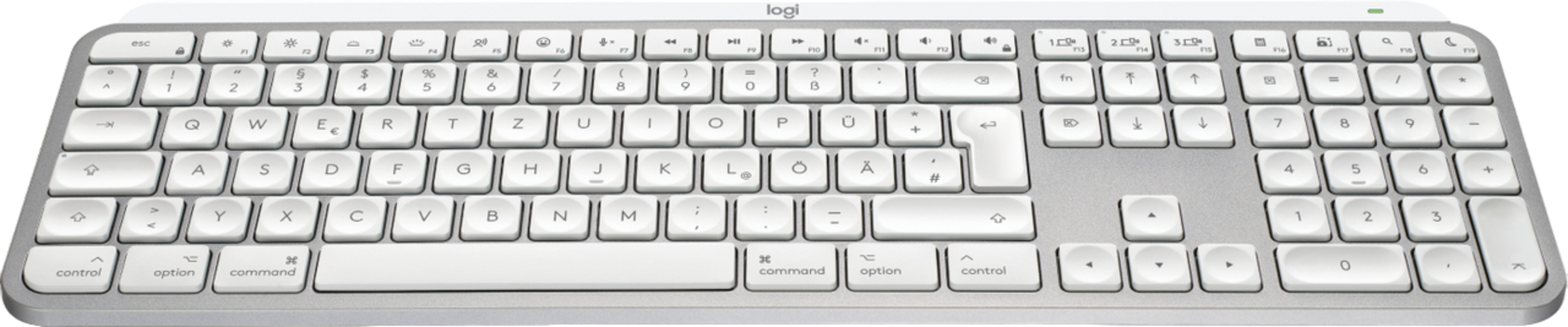Biała klawiatura Logitech z srebrną obudową, widok z przodu.