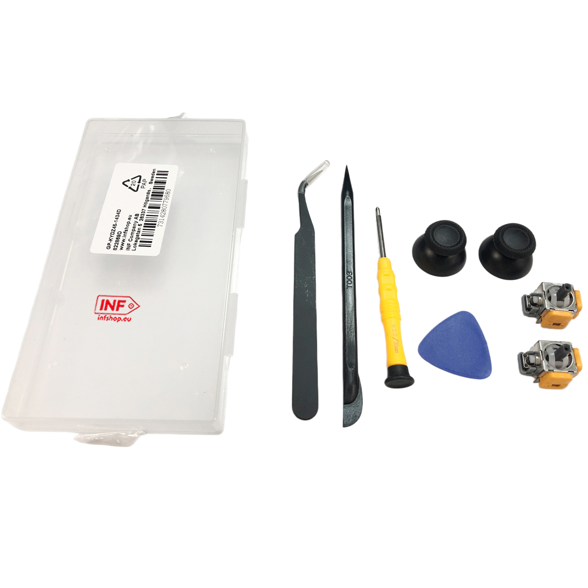 Un kit di riparazione con pinzette, spudger, cacciavite, cappucci pollice e moduli joystick.