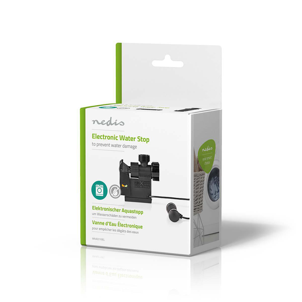 Nedis Electronic Water Stop Verpackung mit Produktabbildung und Waschmaschine.