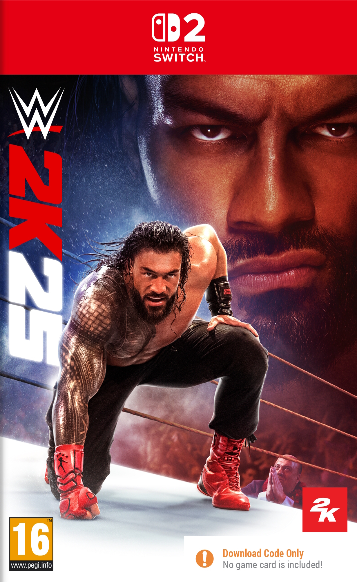 WWE 2K23 Cover: Roman Reigns in Pose, Nintendo Switch Logo, PEGI 16